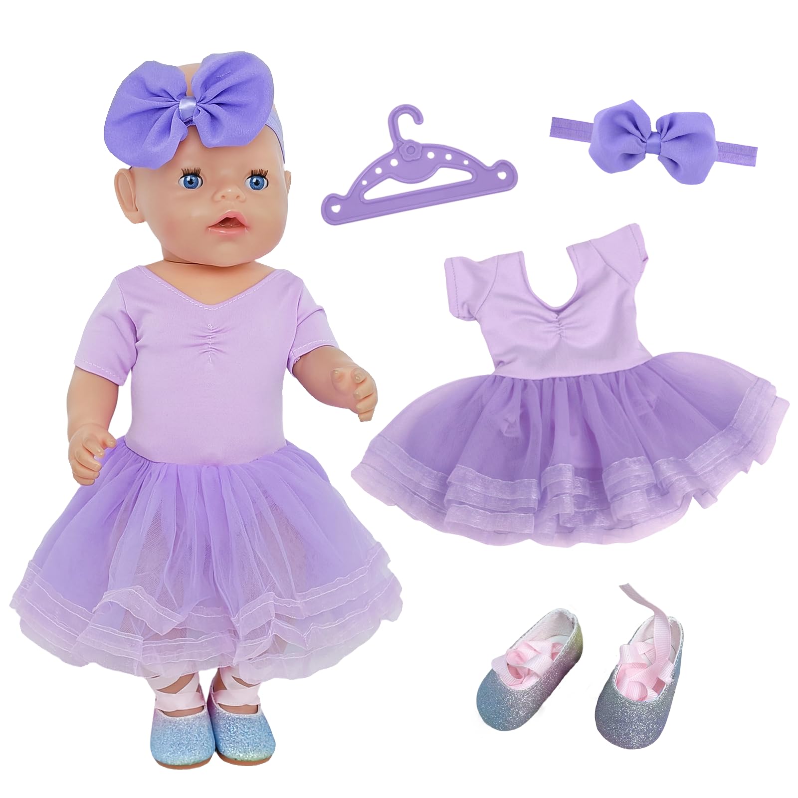4Pcs Baby Doll Clothes for 35-45cm Doll, Baby Doll Accessories for 14-18Inch, Doll Clothes with Ballet Tutus+ Ballet Shoes + Clothes hanger+Bow Headband, Doll Clothes Accessories for Kids Birthday