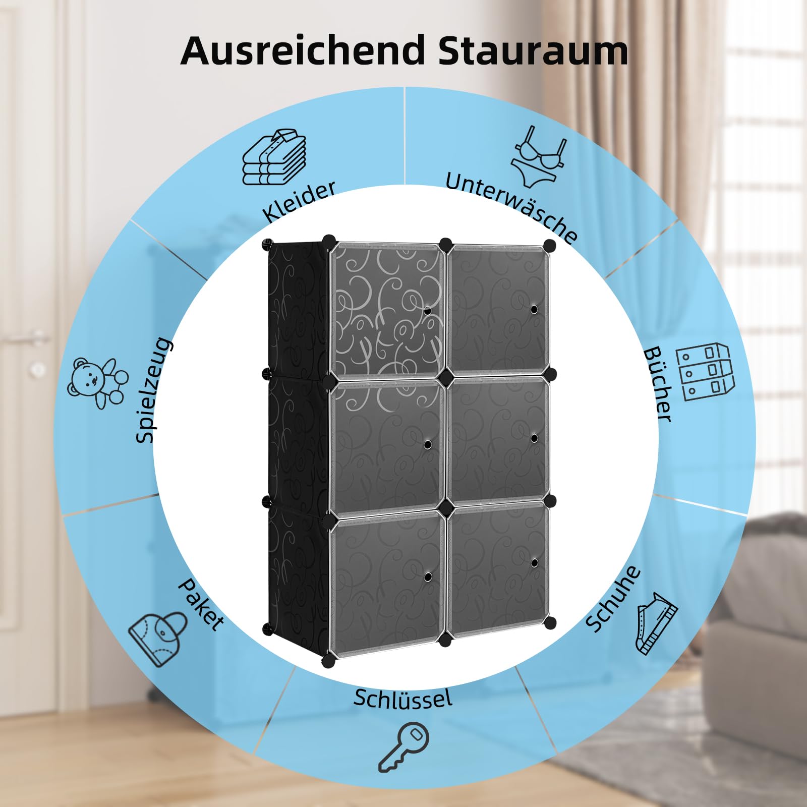 WOLTU Armoire de Rangement Plastique, Meuble de Rangement Modulable, Étagère Chaussures, Armoire Cube avec Portes pour Vêtements, Jouets, Livres,Chaussures, 6 Casiers, Noir