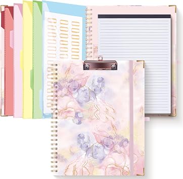 HAUTOCO Clipboard Folio with Refillable Notepad for Letter Size 11" x 8.5", 5 Dividers with 10 Pockets, Elastic Pen Holder and File Folder Labels, Spiral Nurse Clipboard ArtboardPink Marble