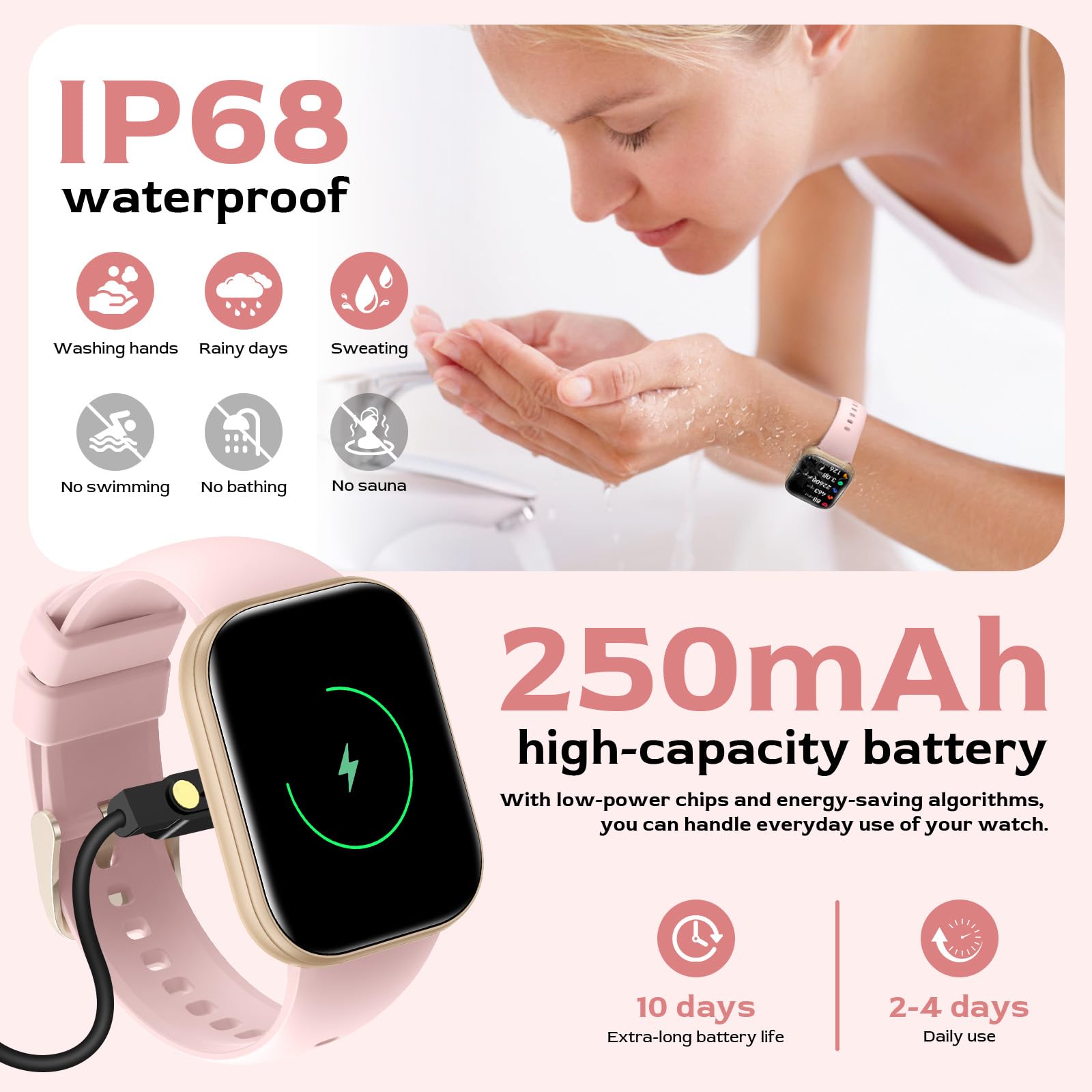 Reloj Inteligente Mujer 1.75" TFT Smartwatch con Llamadas Bluetooth IP68 Presión Arterial Pulsometro SpO2 Monitor de Sueño Ciclo Menstrual Fitness Tracker Android iOS (Rosa)