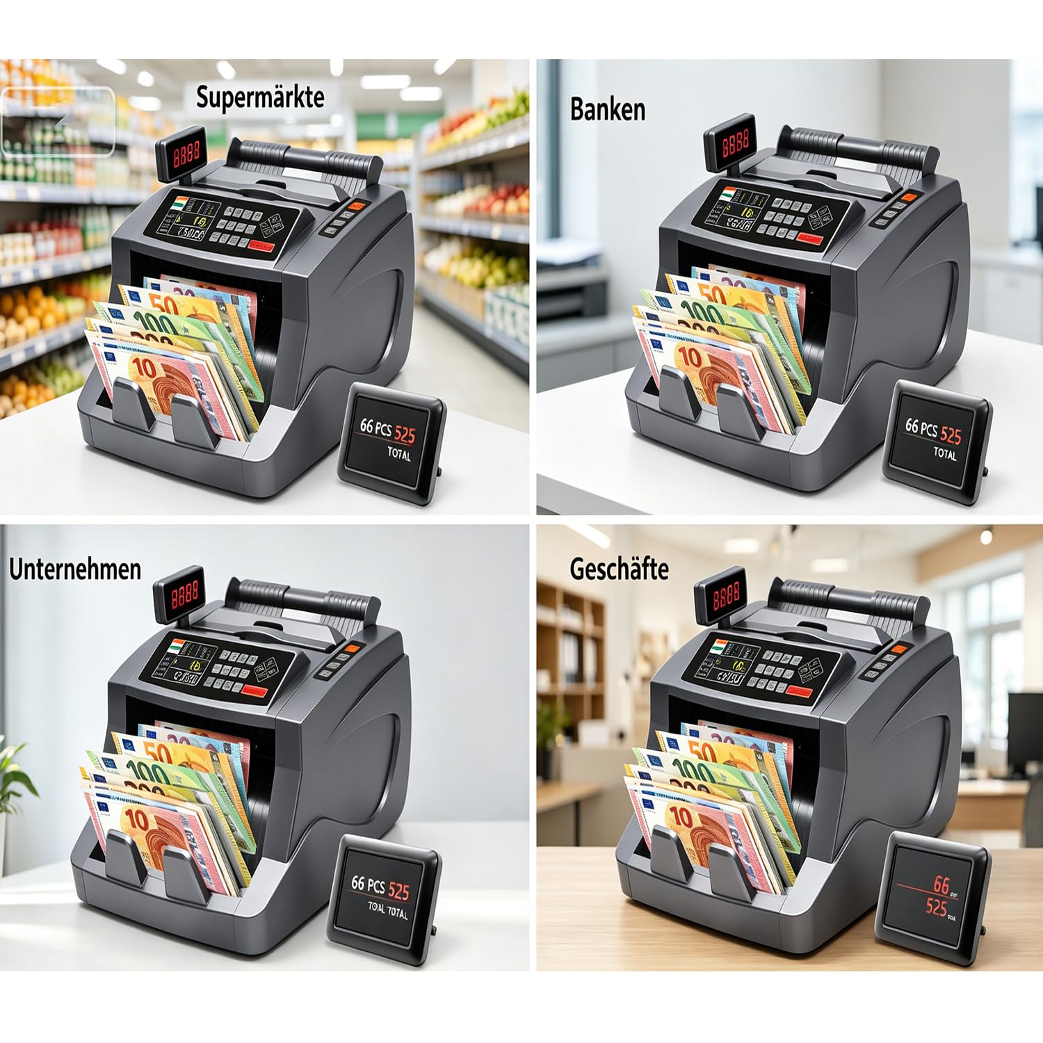 Contatore di banconote con display a LED, conteggio valori misti in euro con rilevamento delle banconote false UV/MG/IR, conta 1000 banconote al minuto
