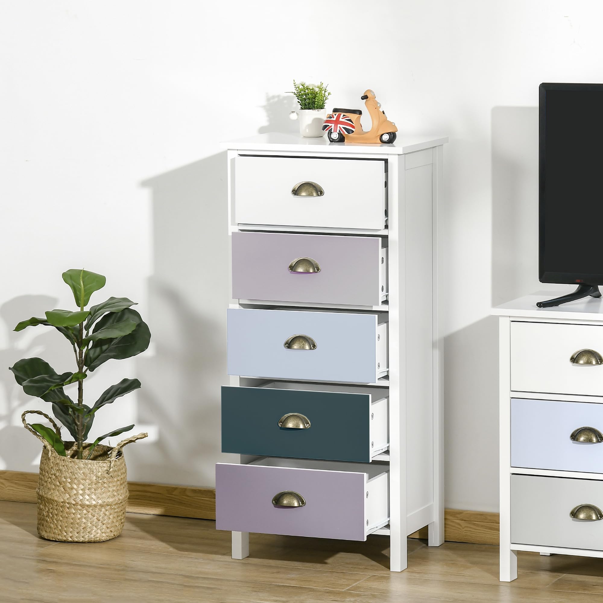 HOMCOM Chiffonnier Commode 5 tiroirs 45L x 30l x 95,4H cm Multicolores | Meuble de Rangement, Poignée Métal Coquille, MDF