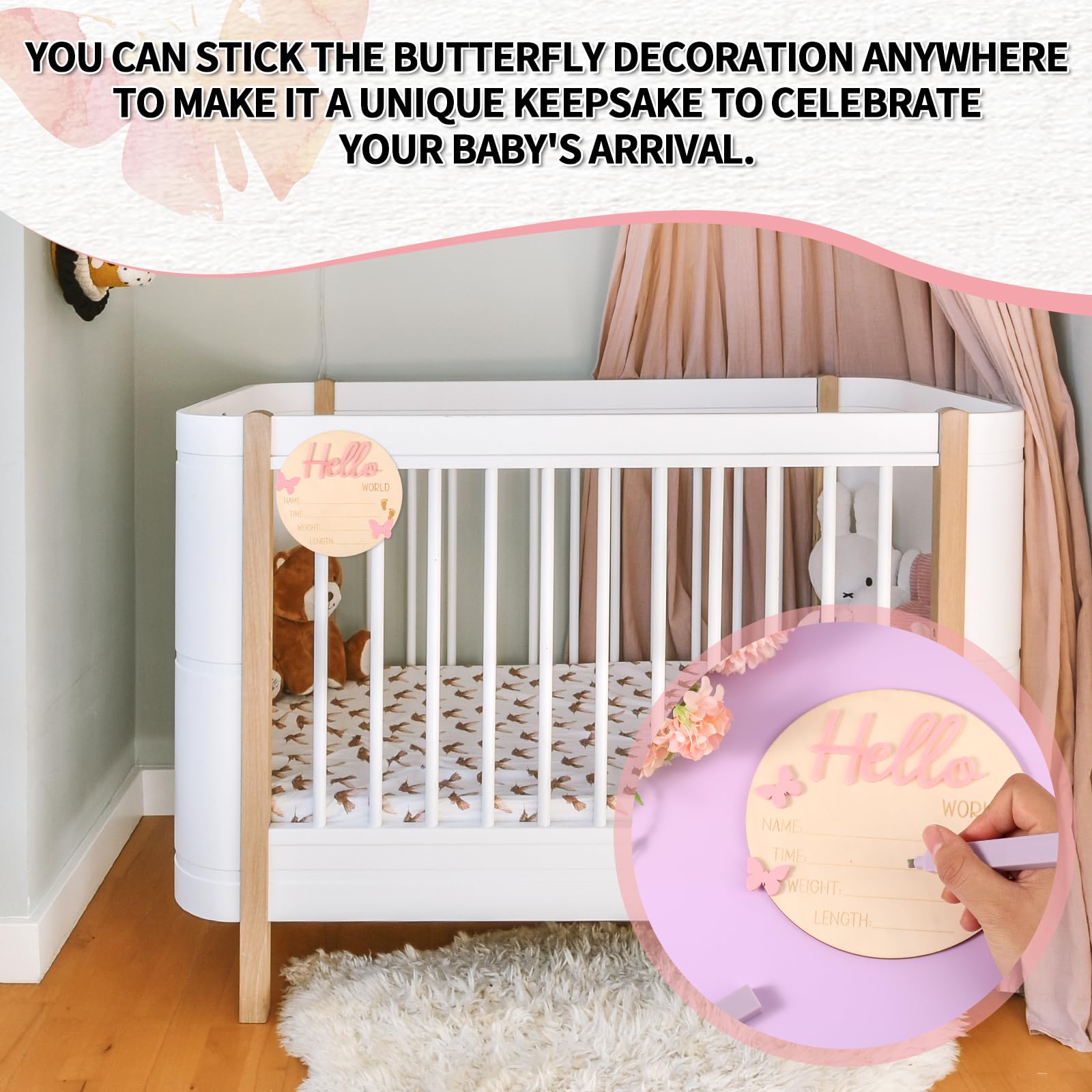 Lyreh Panneau D'annonce Bébé, Plaque Hello World Bois pour Nouveau Panneau Prénom Garçon Fille Accessoires Photo pour Hôpital Chambre Bébé Maison