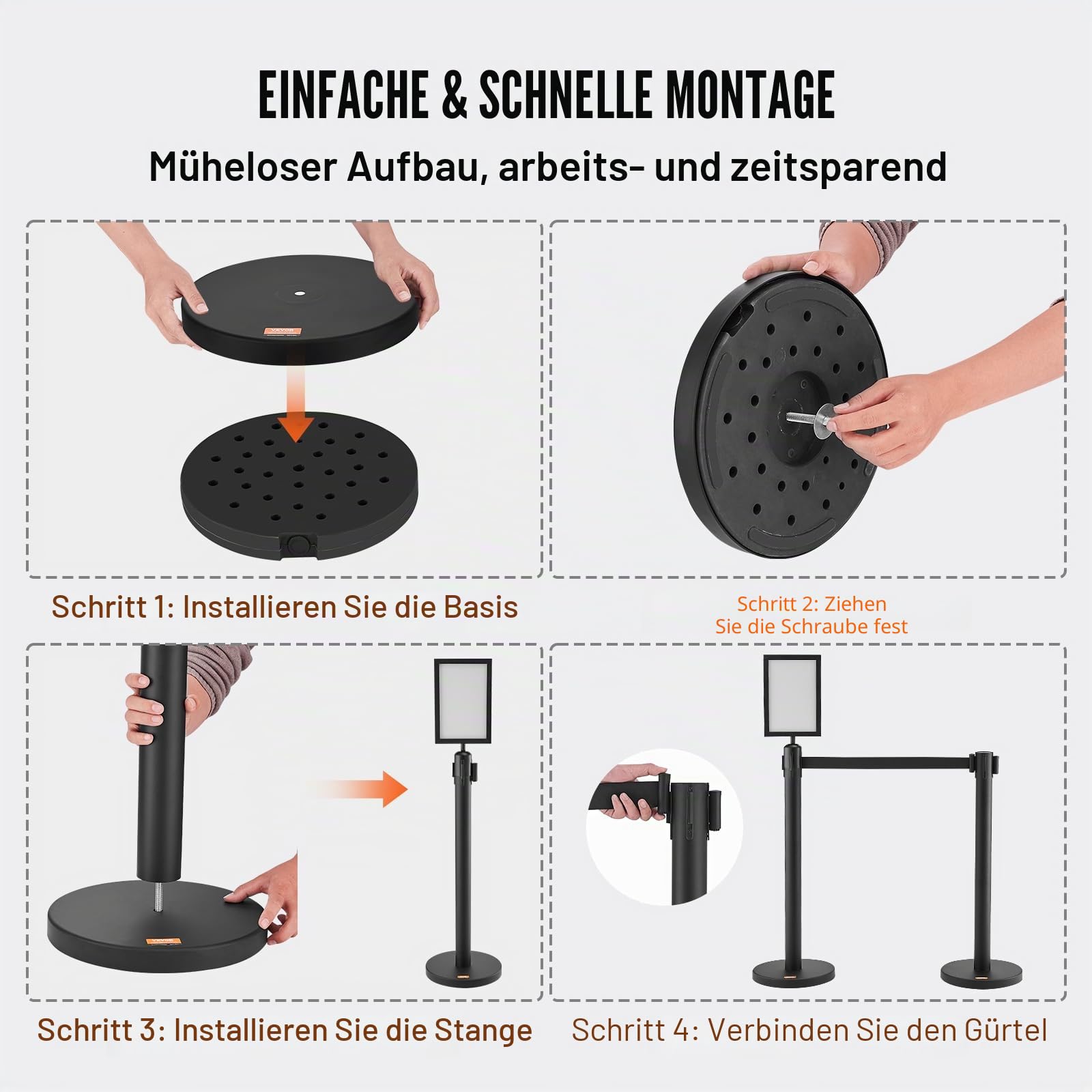 VEVOR Personenleitsystem Absperrband Absperrständer 6-teilig, 2 m x 48 mm Schwarzer Einziehbarer Gürtel, Personenleitsystem Absperrpfosten mit Schildern für Flughäfen, Messen, Wettkampforte usw.