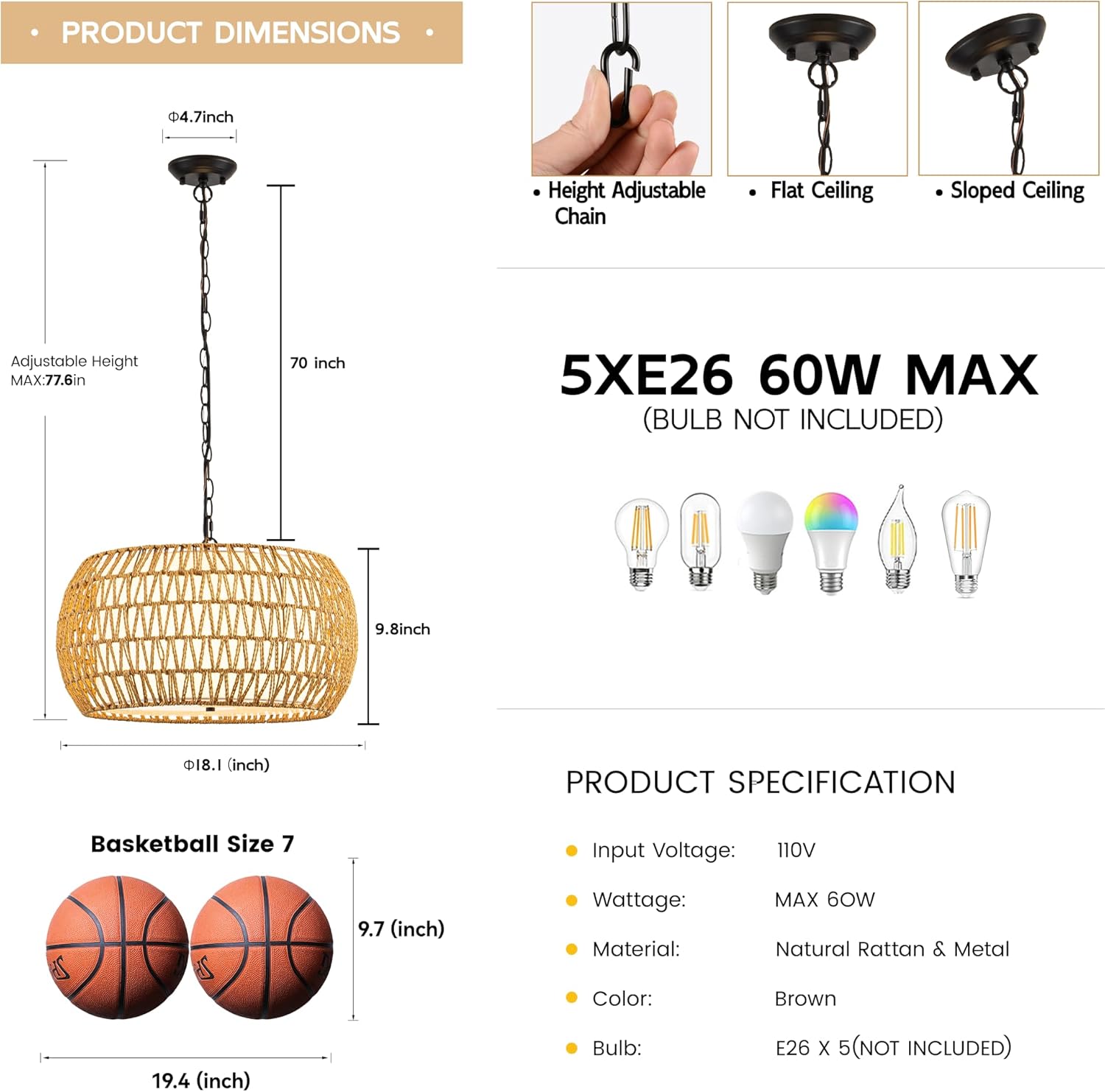 Boho Rattan Chandelier, 5-Lights Farmhouse Hanging Pendant Light, 18.1" Rustic Wicker Woven Chandeliers for Living Room, Kitchen Island(No E26 Bulbs)