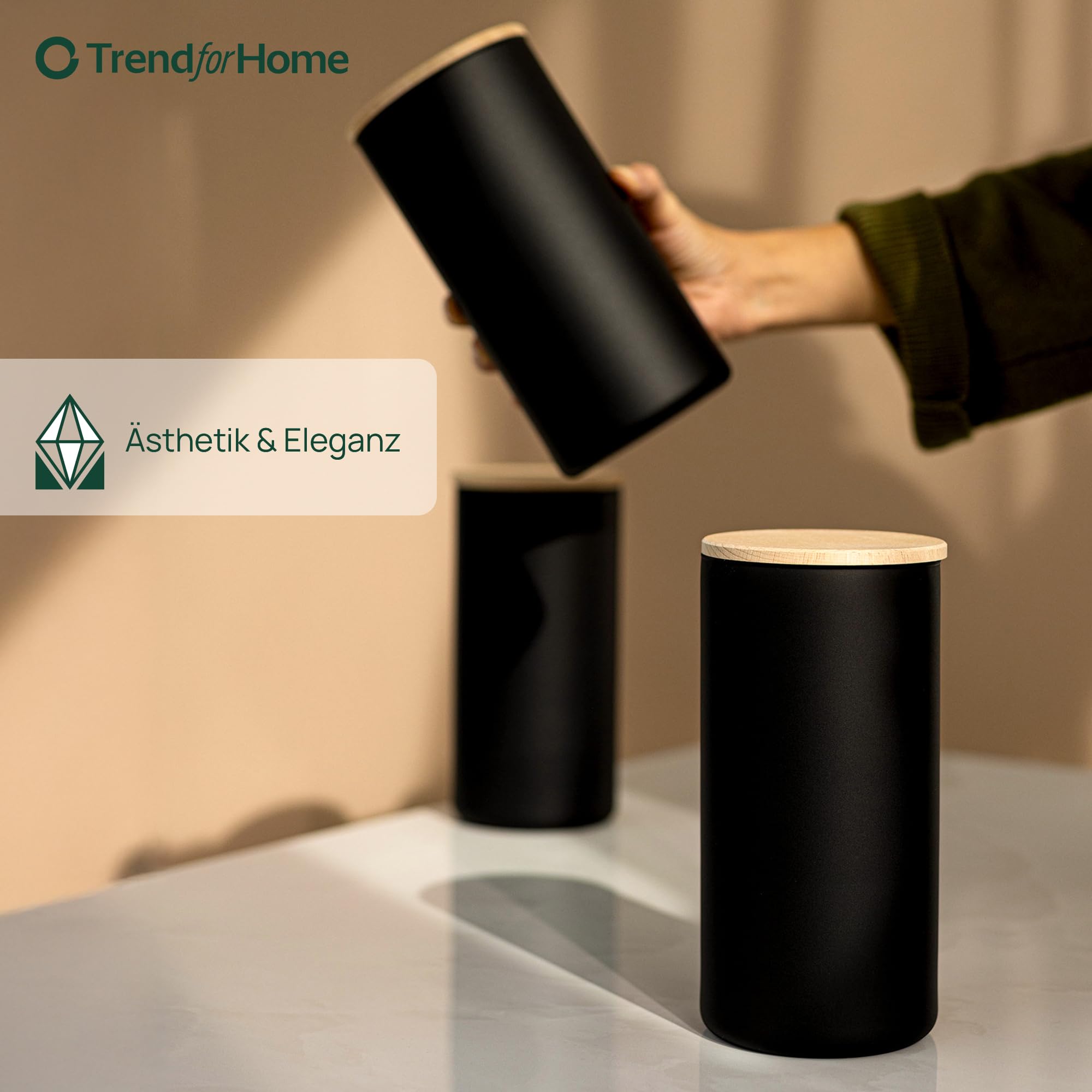 Trend for Home 6 zwarte voorraadpotten met houten deksels, set van luchtdichte potten van 970 ml voor thee, koffie en andere dingen, kruidenpotten, Eco- opslag, Mat zwart