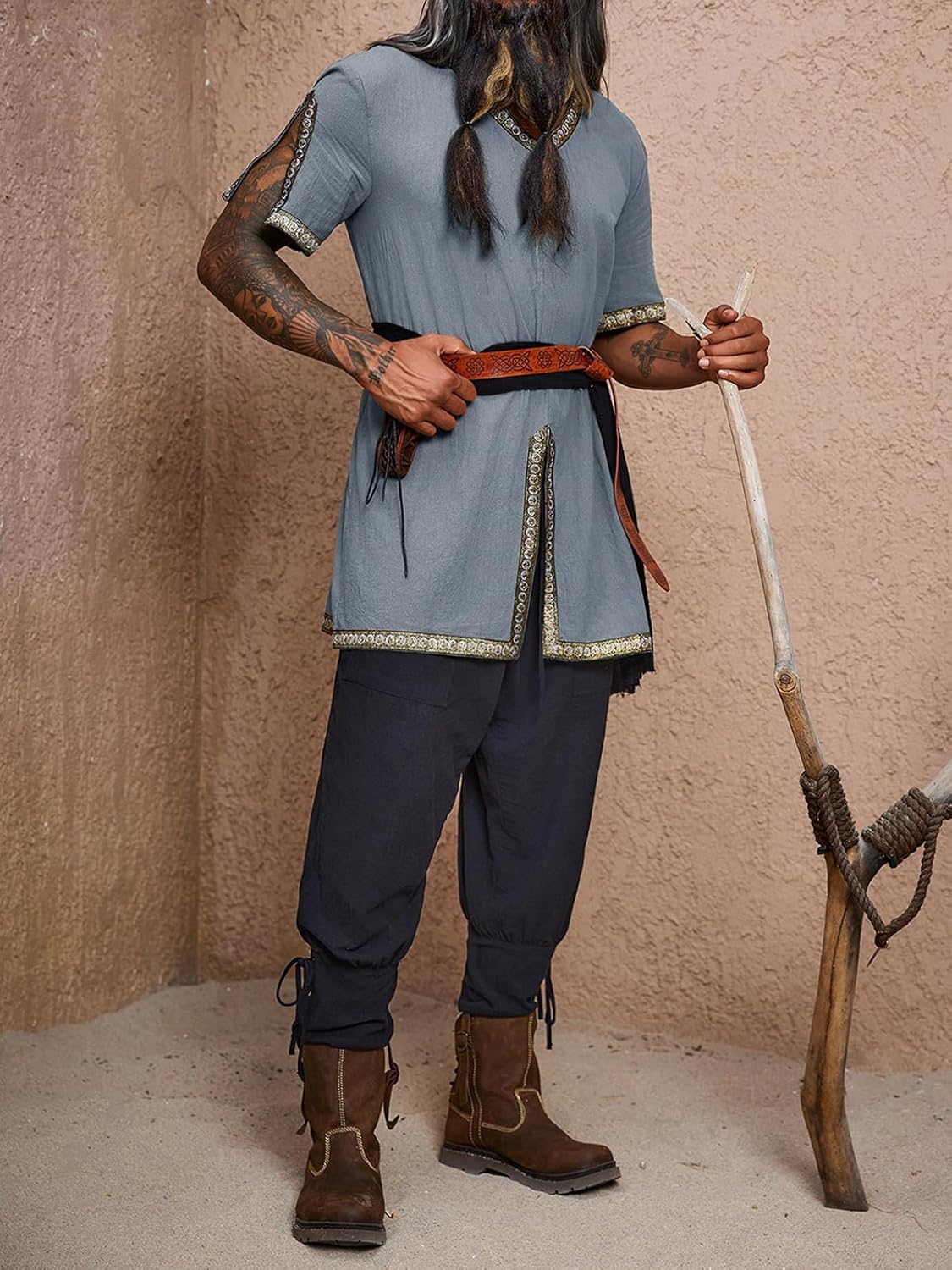 Runcati Mens Medieval Pirate Tunic Renaissance Viking Knight Costume Linen Short Sleeve LARP Halloween Tops - Image 5