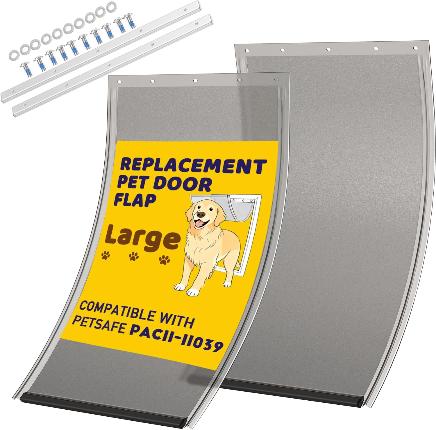 2PCS PAC11-11039 Large Dog Door Replacement Flaps with 2PCS Solid Aluminum Bracket, 304 Stainless Steel Flat Washers and Screws, Compatible with Pet-Safes Freedom Doggie Doors (Smoky Translucent)