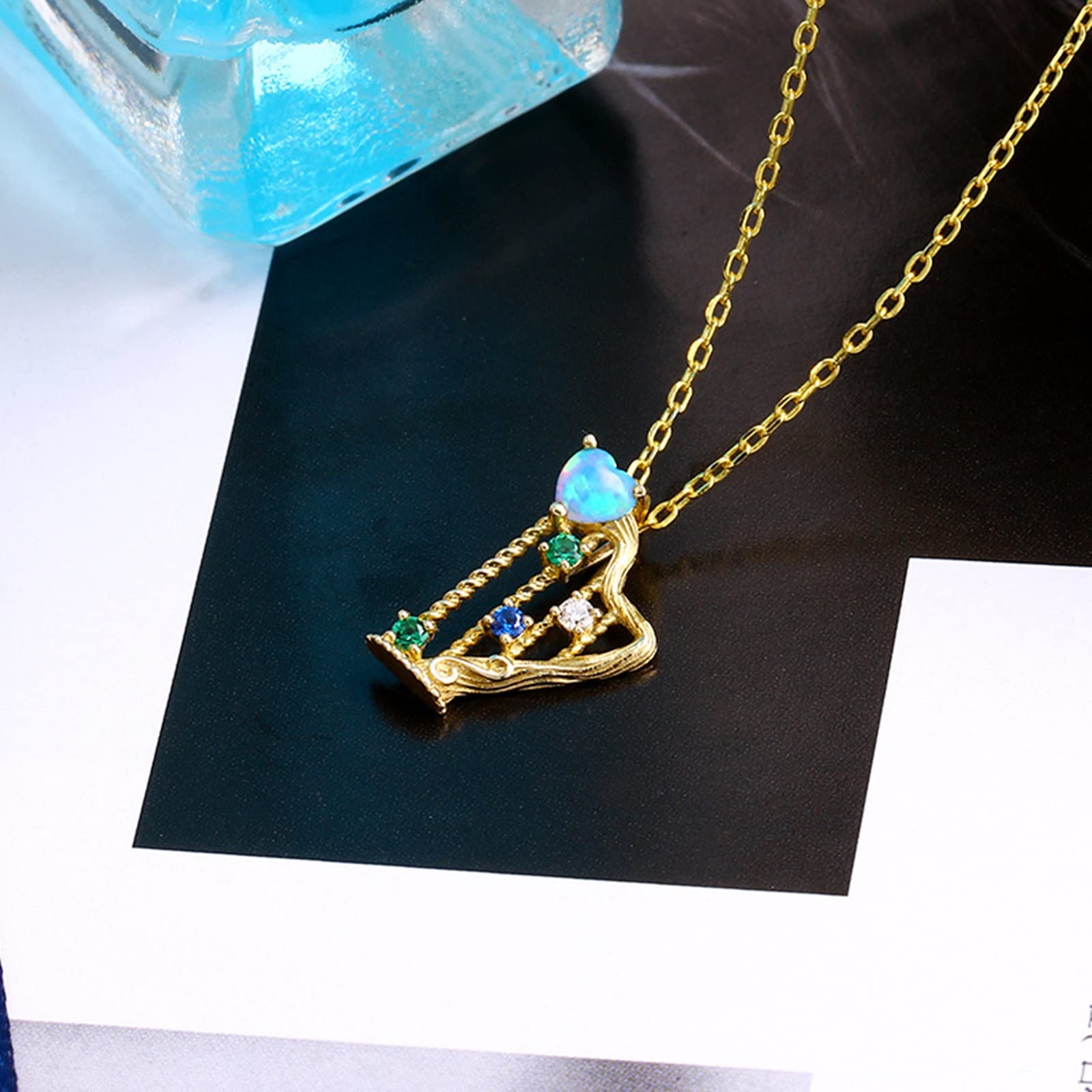 Epinki Echtgold Schmuck Halskette 18K Gold, Harfe Anhänger mit Labor Erstellt Opal (Blau, Herzschliff) Au 750 Kette Damen Zart Zirkonia für Frauen, Gold, 45cm