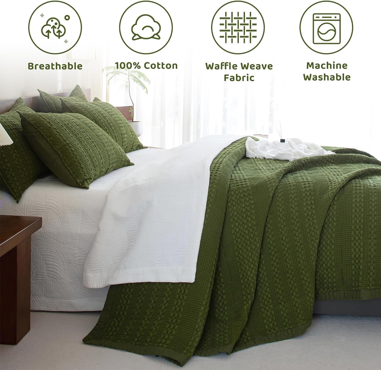 Sanracie Cotton Oversized King Bedspread Quilt(120"x120"),Olive Green Waffle Quilt Coverlet Set 3Pcs Extra Large King Quilt Bedding Set,Farmhouse Coverlet Quilt Set Shabby Vintage Chic Bedding - Image 3