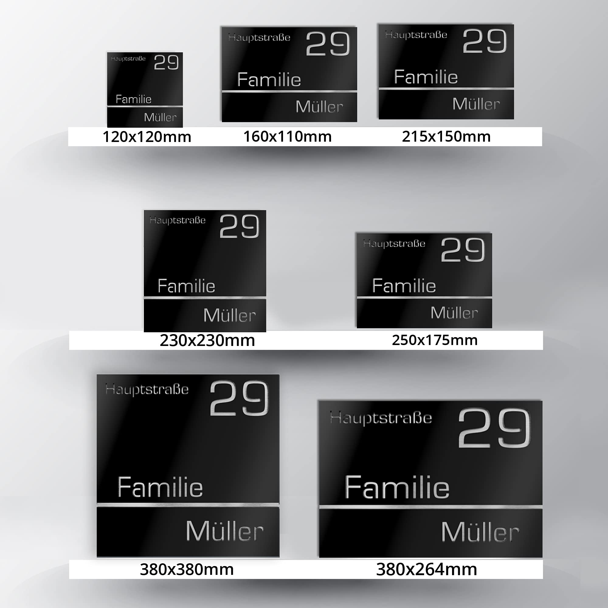 Numero civico personalizzabile in vetro acrilico + acciaio inox V2A 250 x 175 mm Nero, Resistente alle intemperie, Antiruggine, Targa per porta d’ingresso, Made in Germany