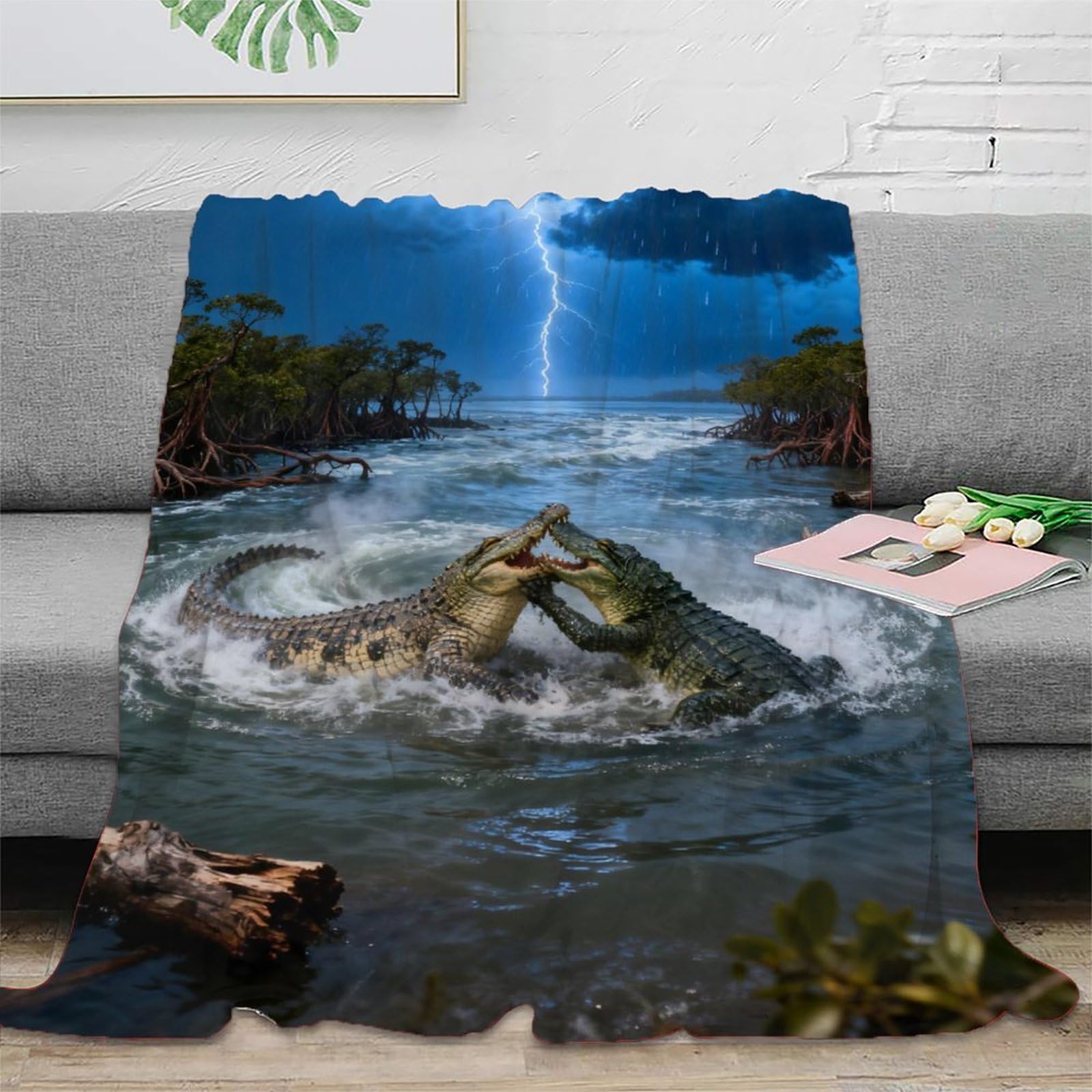 WXLWHR Crocodile Fleece Throw Blanket for Couch Sofa Bed All Season Mangrove Forest Duel Print Blanket Soft Warm Cozy Flannel Gifts for Couple Wife Husband 70x80inch(180x200cm)