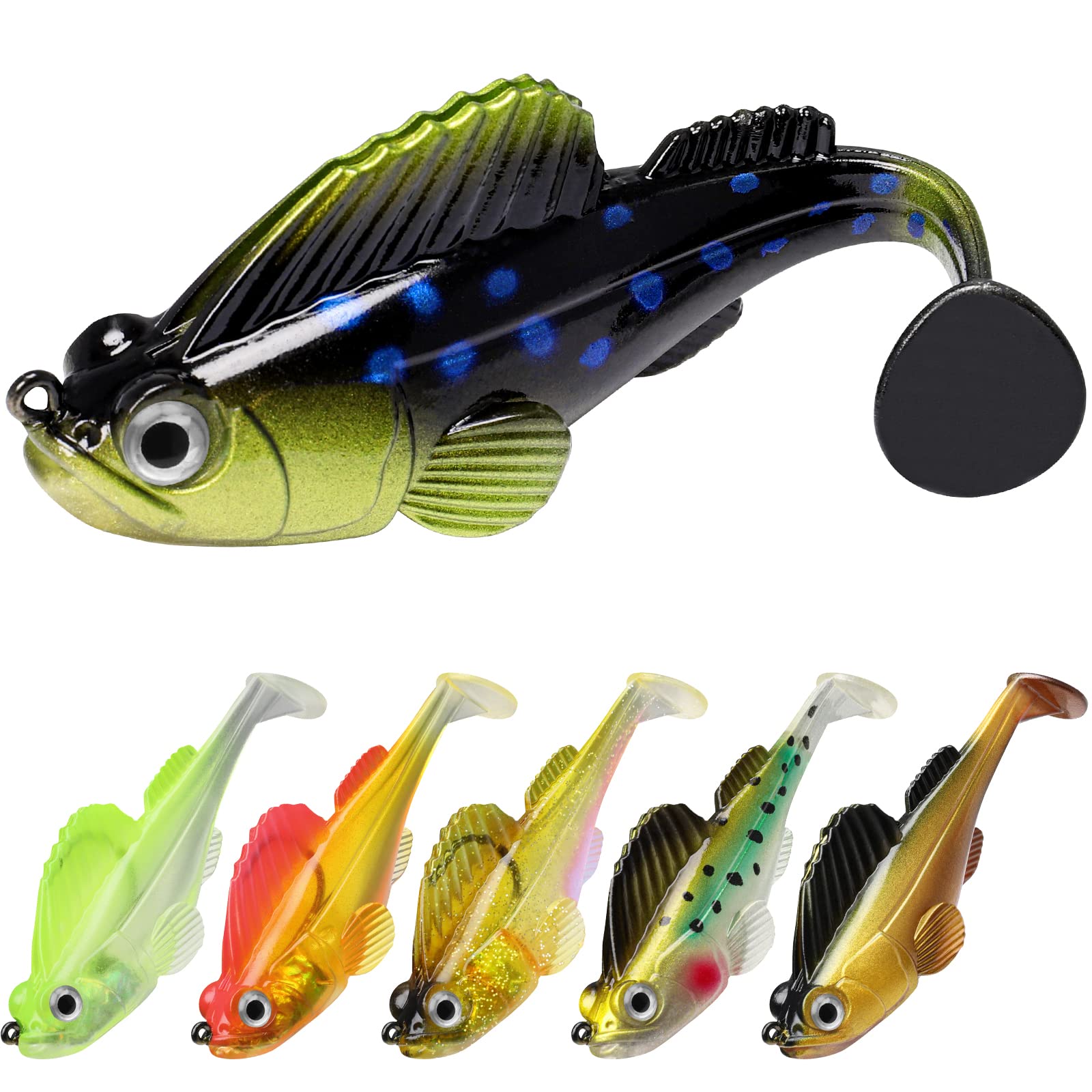 GOTOUR Fishing Lures for Bass, Pre-Rigged Weedless Soft Plastic Lures, Trout Pike Walleye Fishing Jig Heads, Fishing Gear Soft Baits, Paddle Tail Swimbaits, Freshwater or Saltwater Fishing Tackle