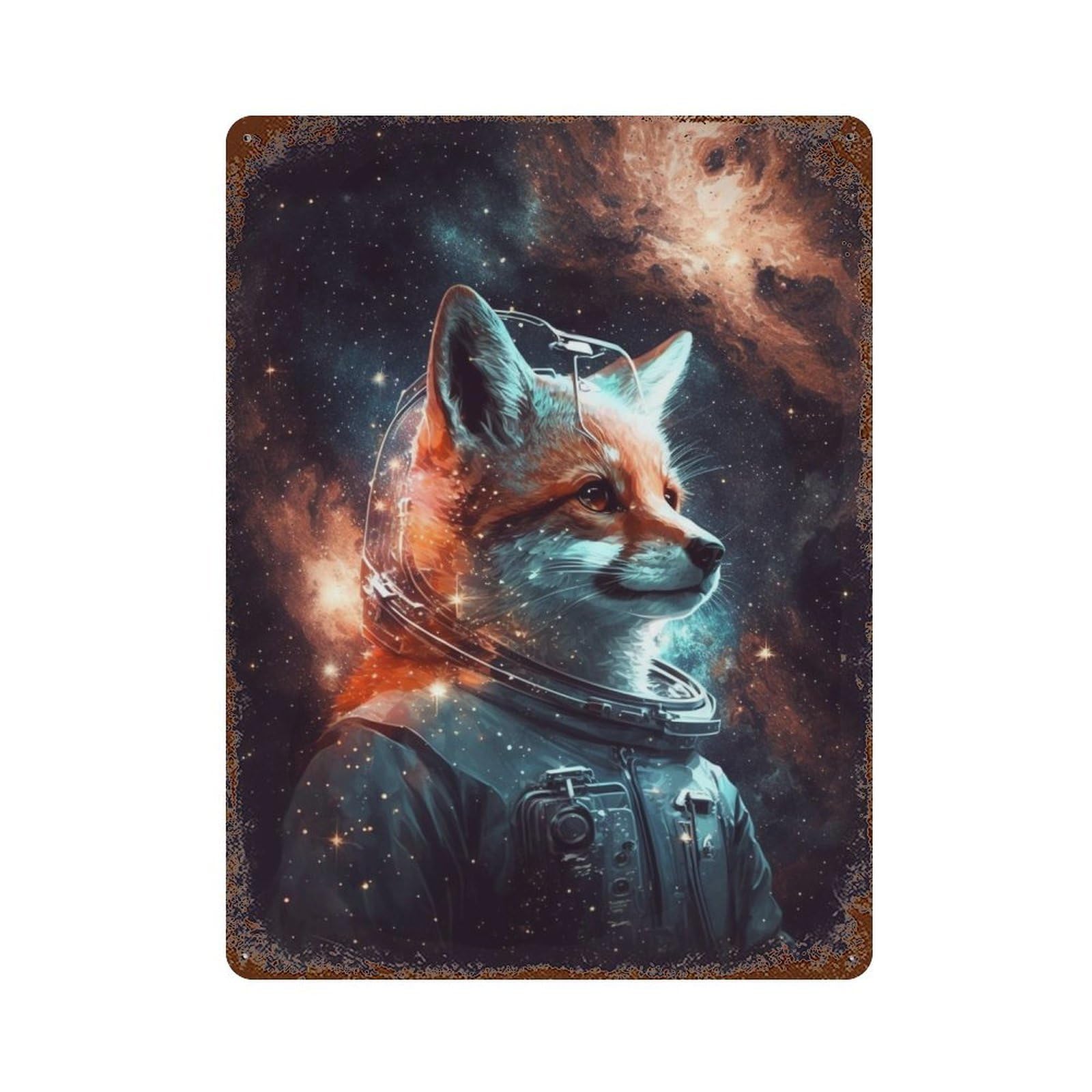 Space Fox Adventure-1 Distressed Metal Wall Sign 15.7"x11.8", Ideal for Pub, Kitchen And Man Cave Decor