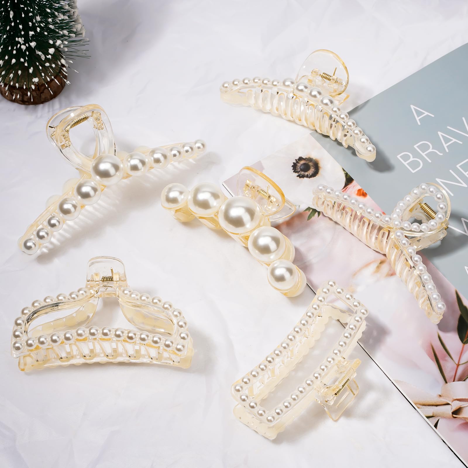 Leezmark Pinzas para el pelo con perlas, pasadores grandes para cabello fino, grueso, rizado o largo, pinzas de mandíbula blancas, accesorios para el cabello para mujeres y niñas