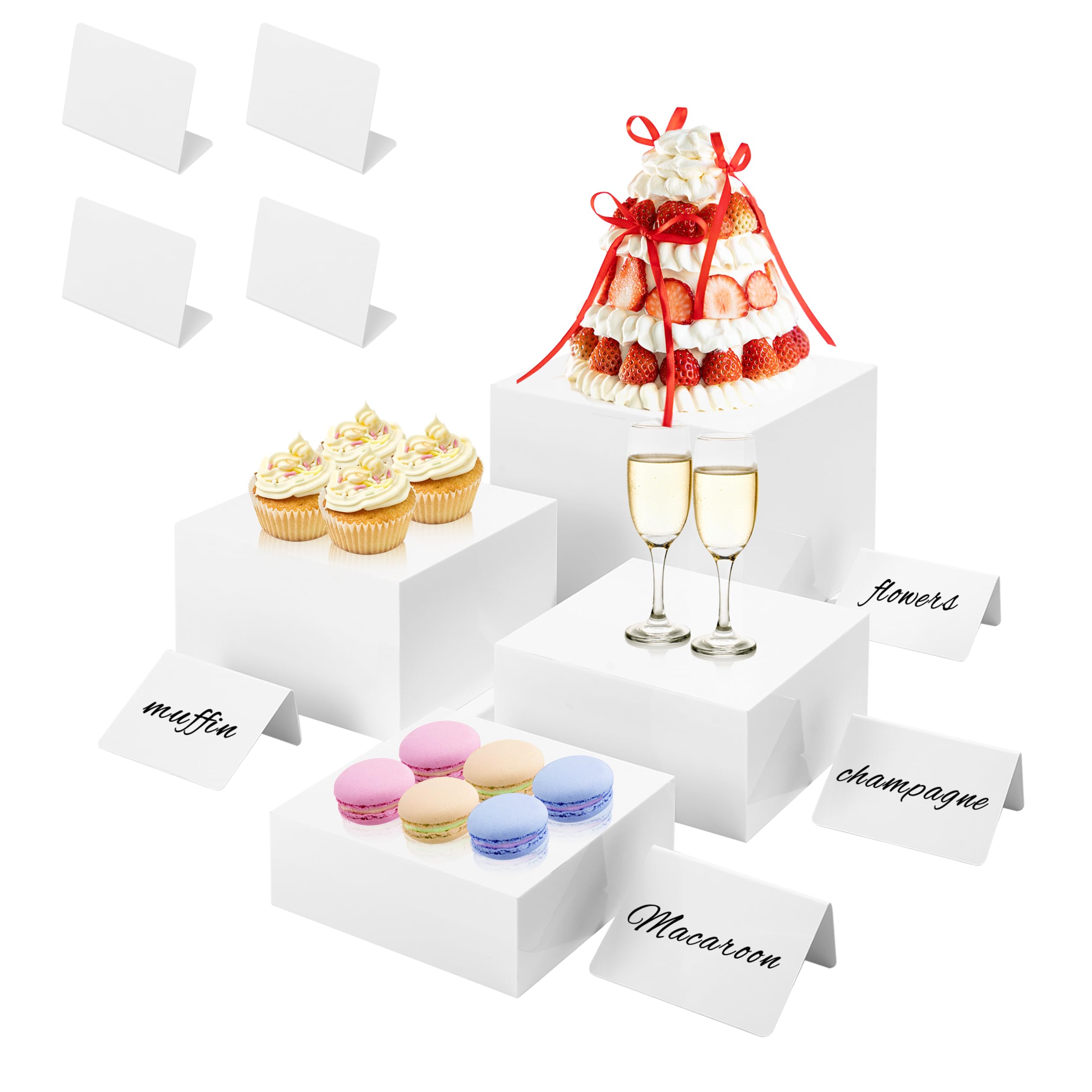 Lot de 4 rehausseurs de buffet en acrylique avec mini panneaux de buffet - Présentoir de table - Différentes tailles - Présentoir alimentaire pour figurines de collection