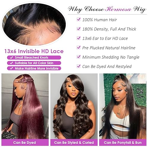 Miniatura 6 de Hermosa - Pelucas de cabello humano lacio de 13 x 4 para mujeres negras, 9A, densidad del 150 %, peluca de encaje frontal de 26 pulgadas, cabello