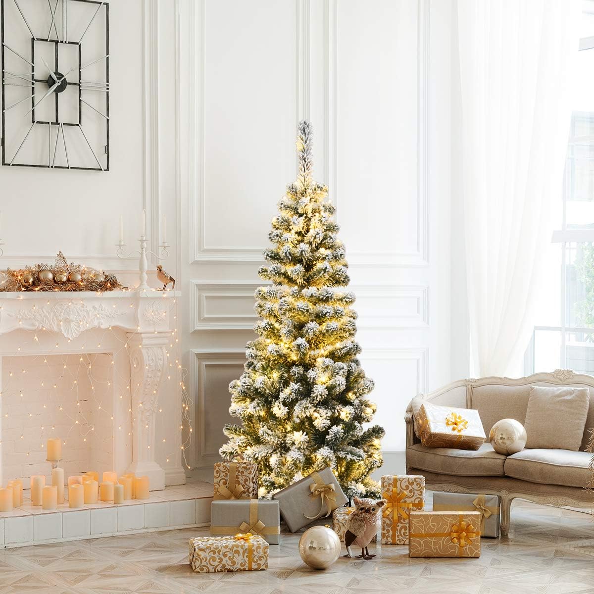COSTWAY 135/180/225cm Bleistift Weihnachtsbaum mit Schnee und warmweißen LED-Leuchten, künstlicher Tannenbaum mit Metallständer, Christbaum PVC Nadeln, Kunstbaum Weihnachten Klappsystem Grün (135cm)