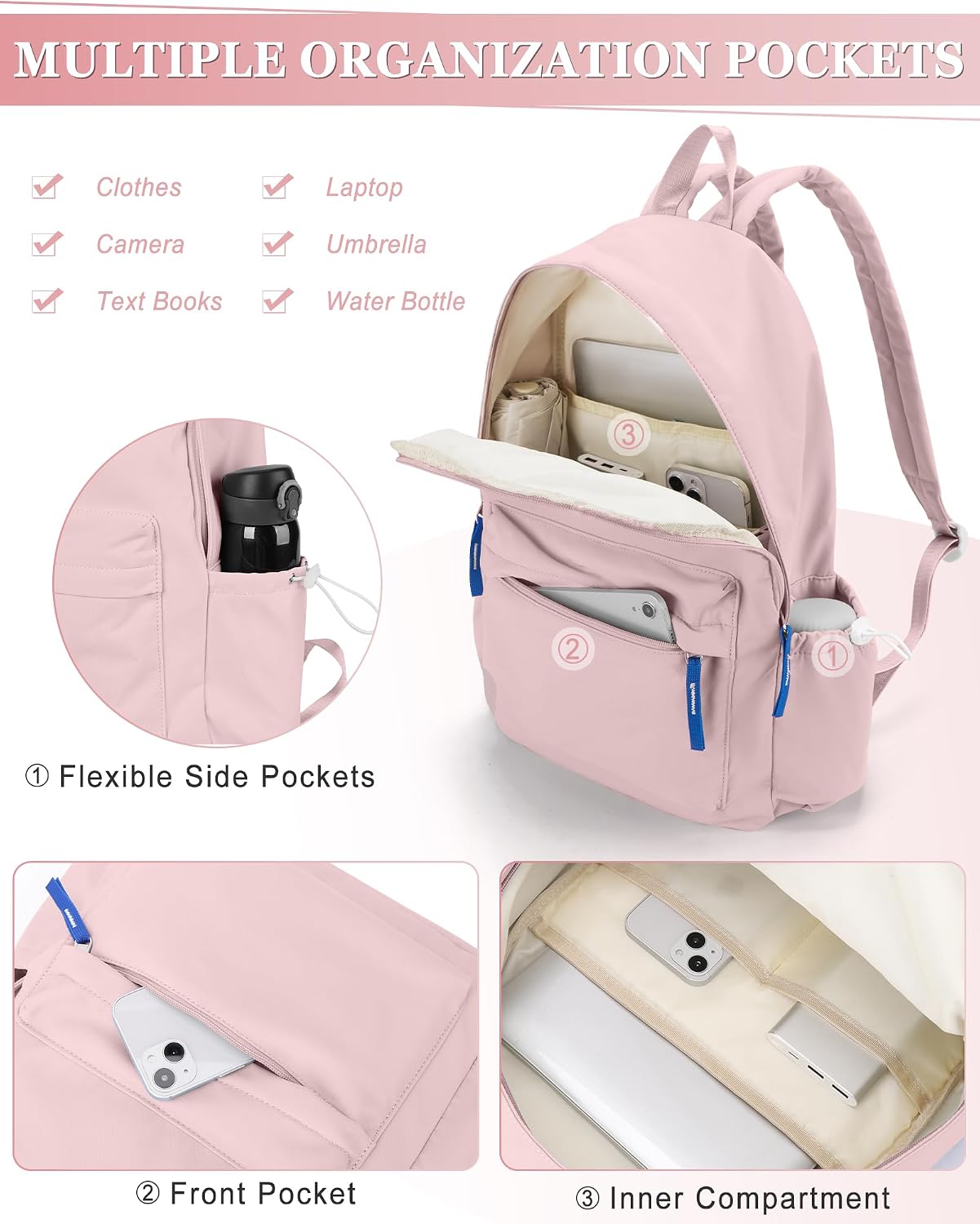 School Backpack for Teen Girls,Simple School Book Bag Waterproof High School Backpack for Boy Middle Student Bookbag College Backpack for Women Men Casual Daypack Travel Aesthetic Backpacks Pink image 4