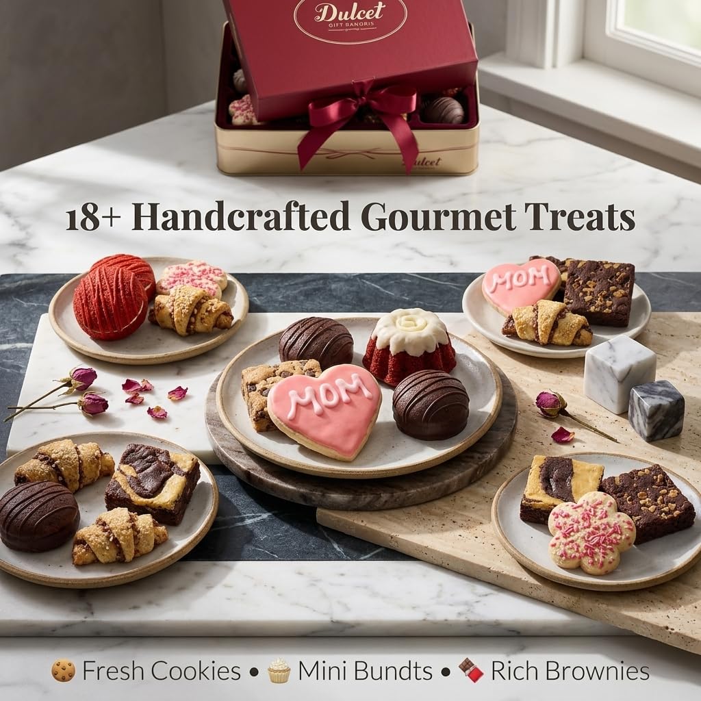 Dulcet Gift Baskets Grand Gourmet Mothers Day Two Tower Party Basket — Sugar Cookies & Fresh Baked Pastries, Gift for Mom from Dad, Son & Daughter - Personal Note Option Available