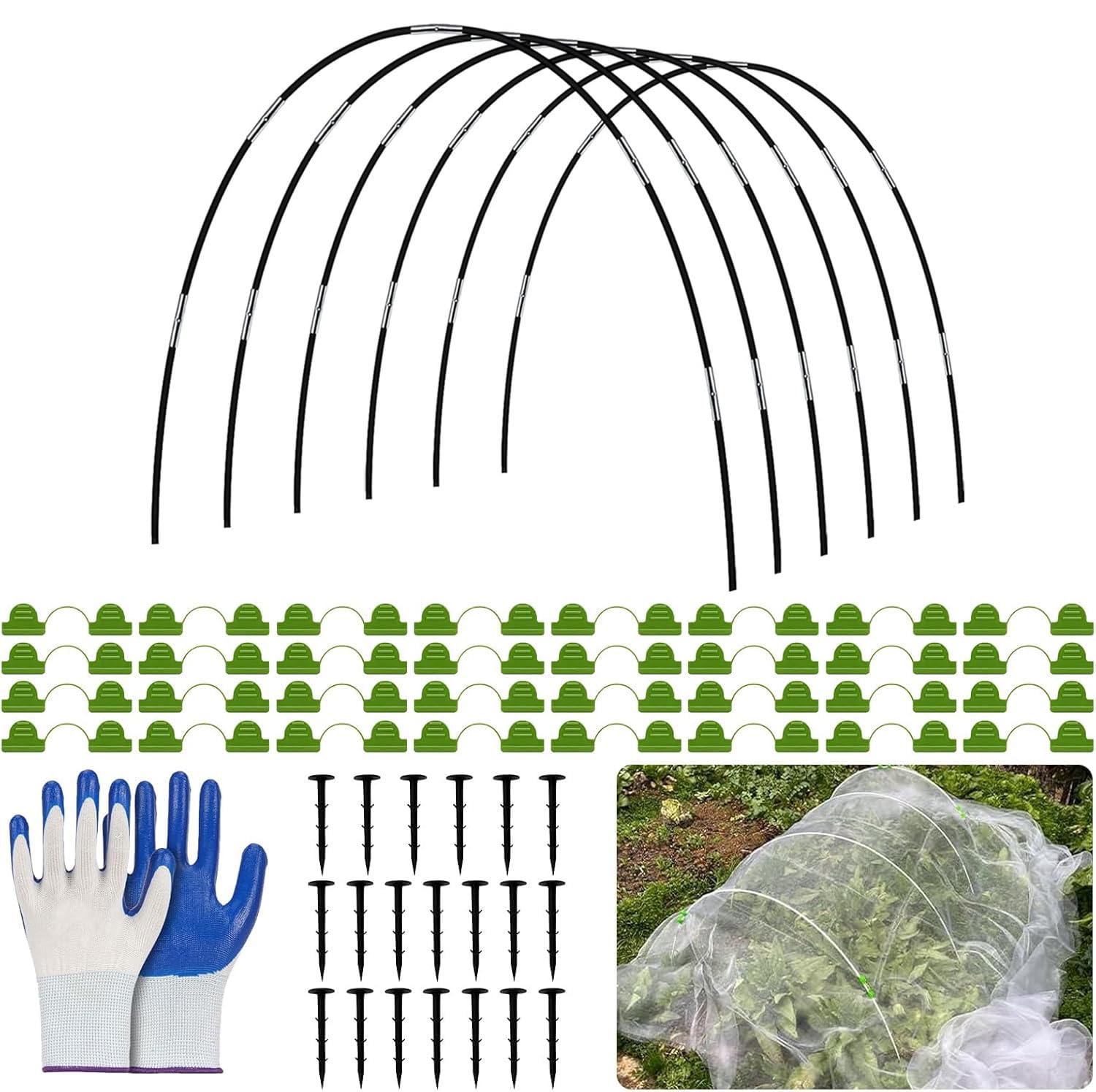 Krzaw Garden Hoop Arch Kit with Gloves & 30pcs Pegs - Adjustable Plant Support for Raised Beds, Greenhouse Tunnel, Frost Protection - Fiberglass Poles, Easy Assembly for Vegetables Flowers