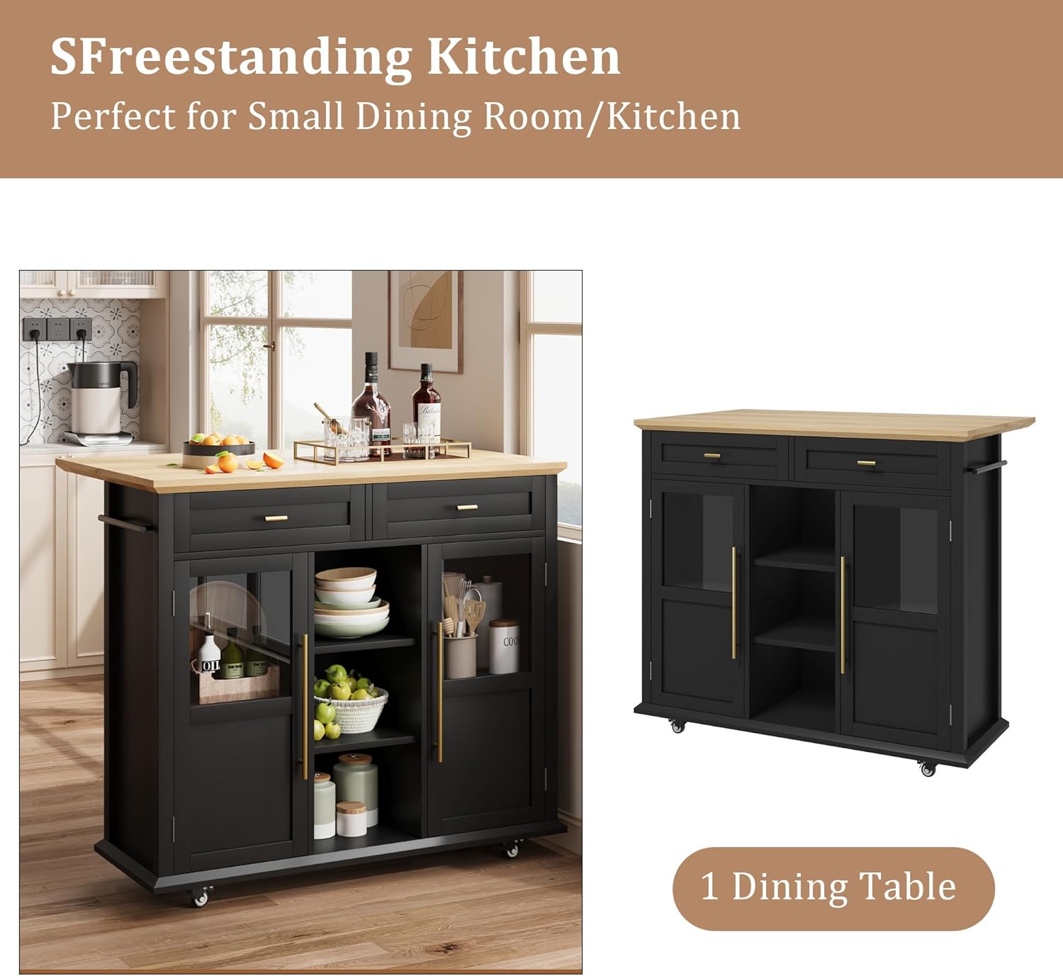 GAOMON 41" Rolling Kitchen Island Cart with Drop Leaf - Mobile Storage Cart 41" W x 16" D, Expandable Kitchen Island for Small Spaces, Farmhouse Style for Dining Room & Kitchen (Black and Natural)