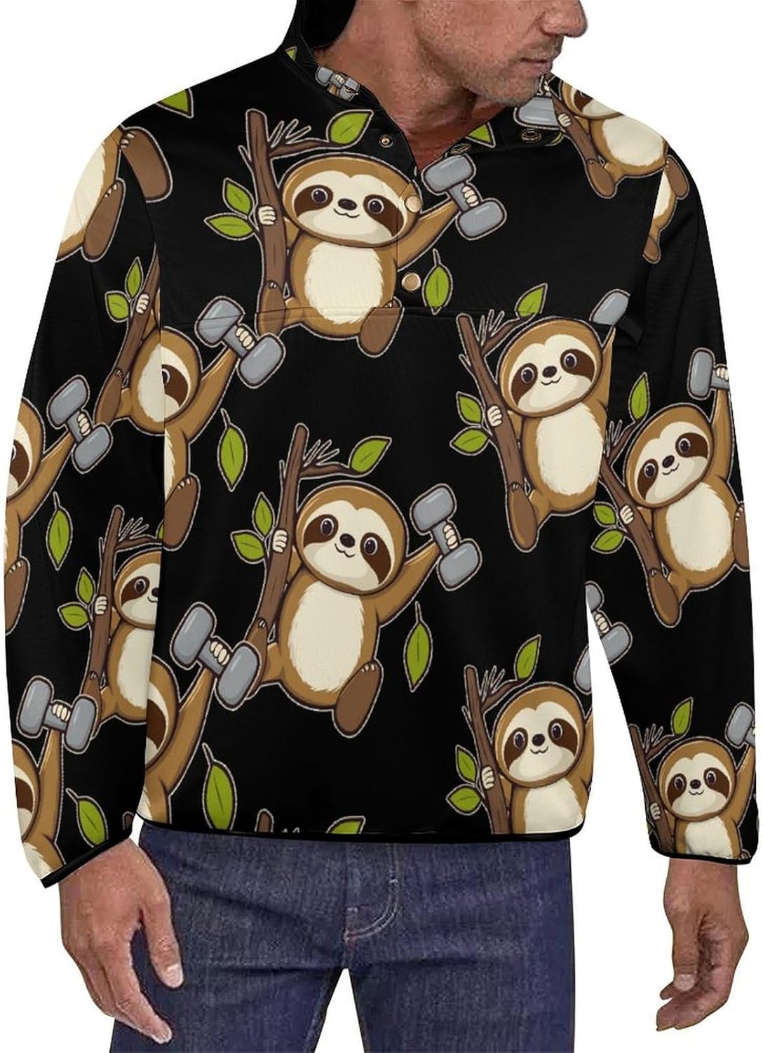 Power Sloth Weight Training Mens Sweatshirt Long Sleeve Stand Collar Button Pullover Polo Sweaters Fall