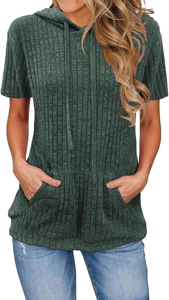 Short Sleeve Hoodies for Women Summer Casual Waffle Knit Pullovers Trendy Beach Tunic Sweatshirts with Kangaroo Pocket