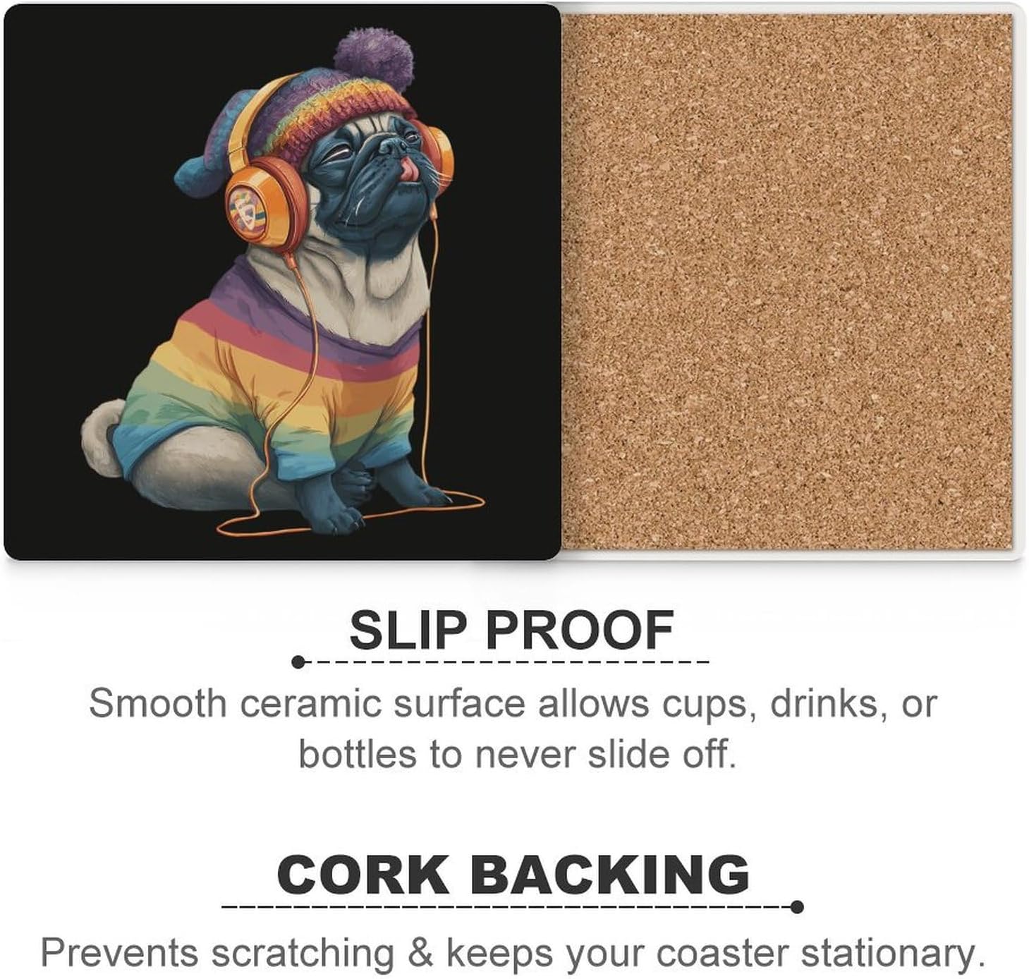 Music Lover Pug Coaster for Drinks Square Ceramic Table Coasters Stone Mat Crafts 4PCS Home Kitchen Decor