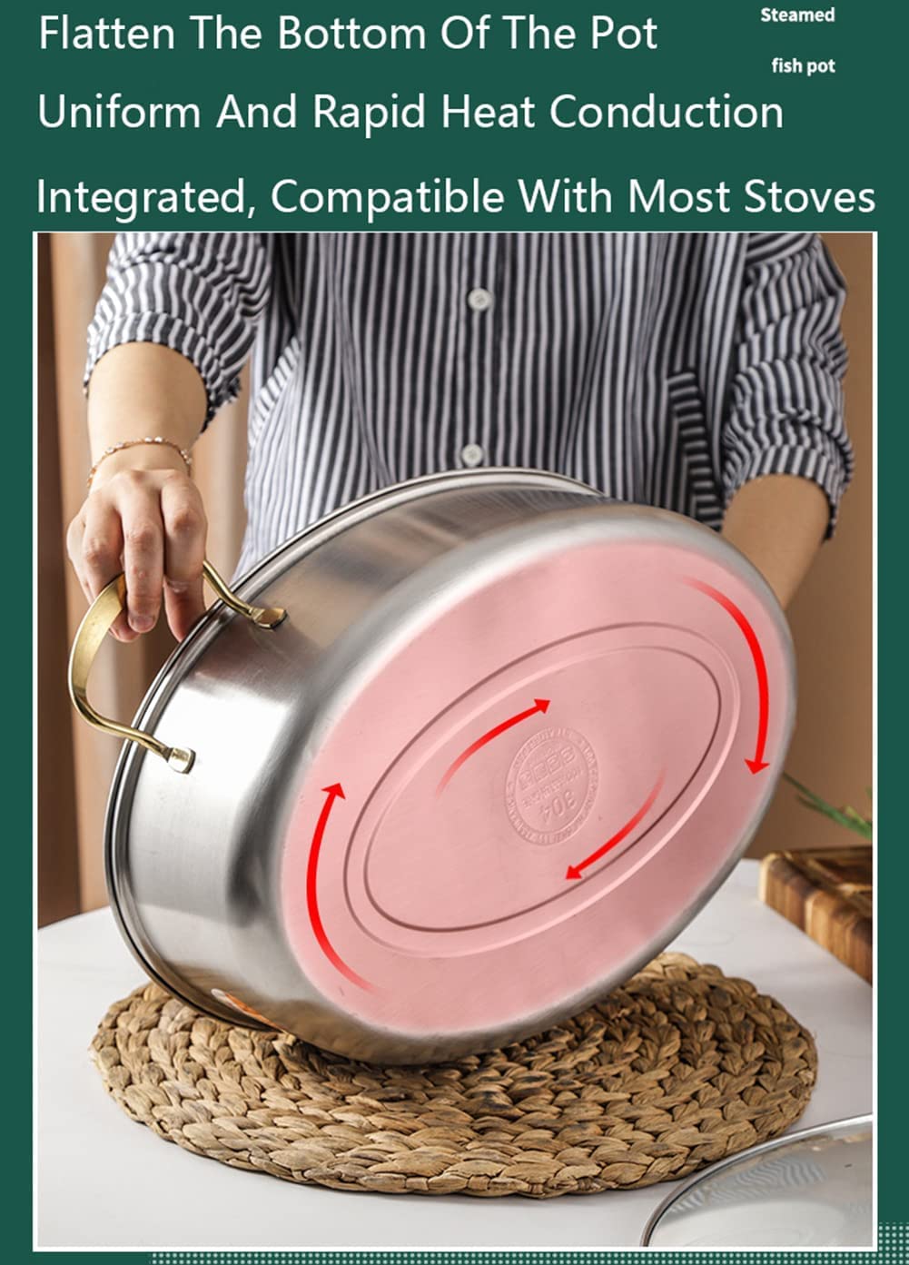 Ensemble de cuiseur à vapeur ovale en acier inoxydable 304 avec marmite de 8 pintes, couvercle en verre visible, casserole et mandrin en acier inoxydable pour cuire le poisson à la vapeur, soupe bo