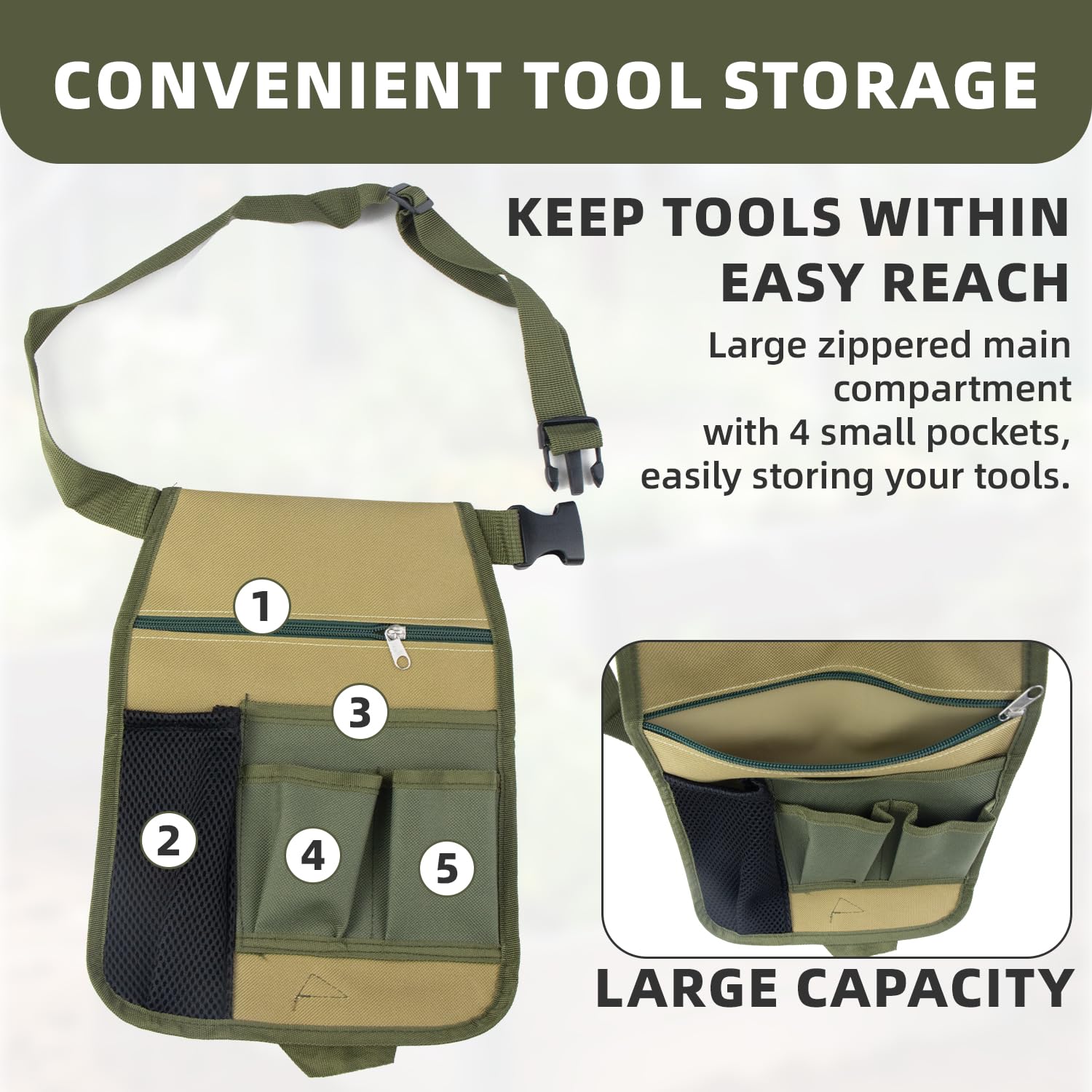 Cintura Porta Attrezzi,Marsupio Porta Attrezzi Compatta con 5 Tasche,Marsupio Elettricista Rimovibile e Regolabile,Marsupios da Lavoro per Elettricisti,Falegnami e Operai Edili（Verde)