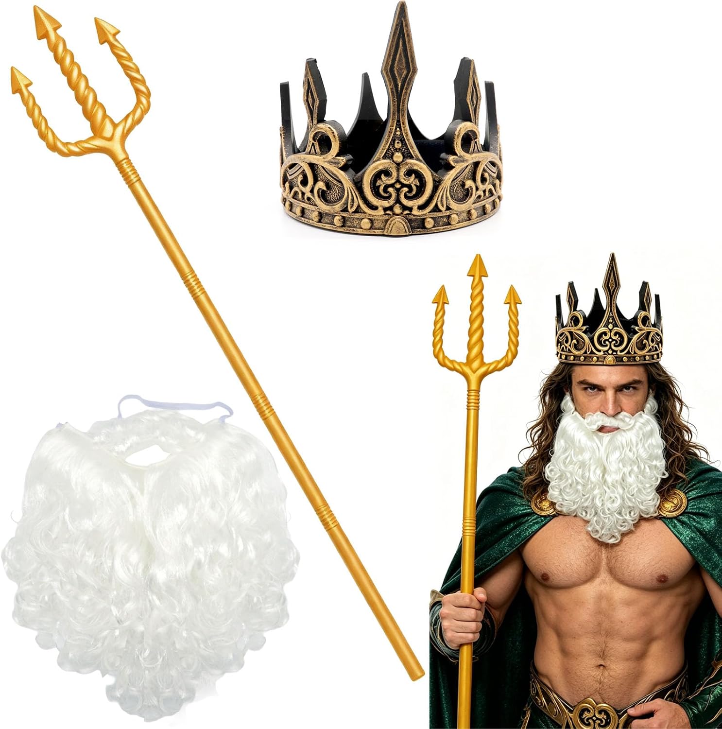 3 Pcs Sea King Costume Set Plastic Trident Gold King Crowns and White Beard, Halloween Cosplay Costume Accessory for Men