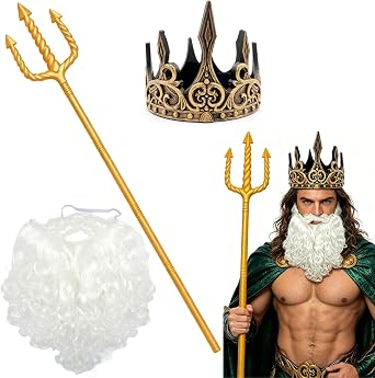 3 Pcs Sea King Costume Set Plastic Trident Gold King Crowns and White Beard, Halloween Cosplay Costume Accessory for Men