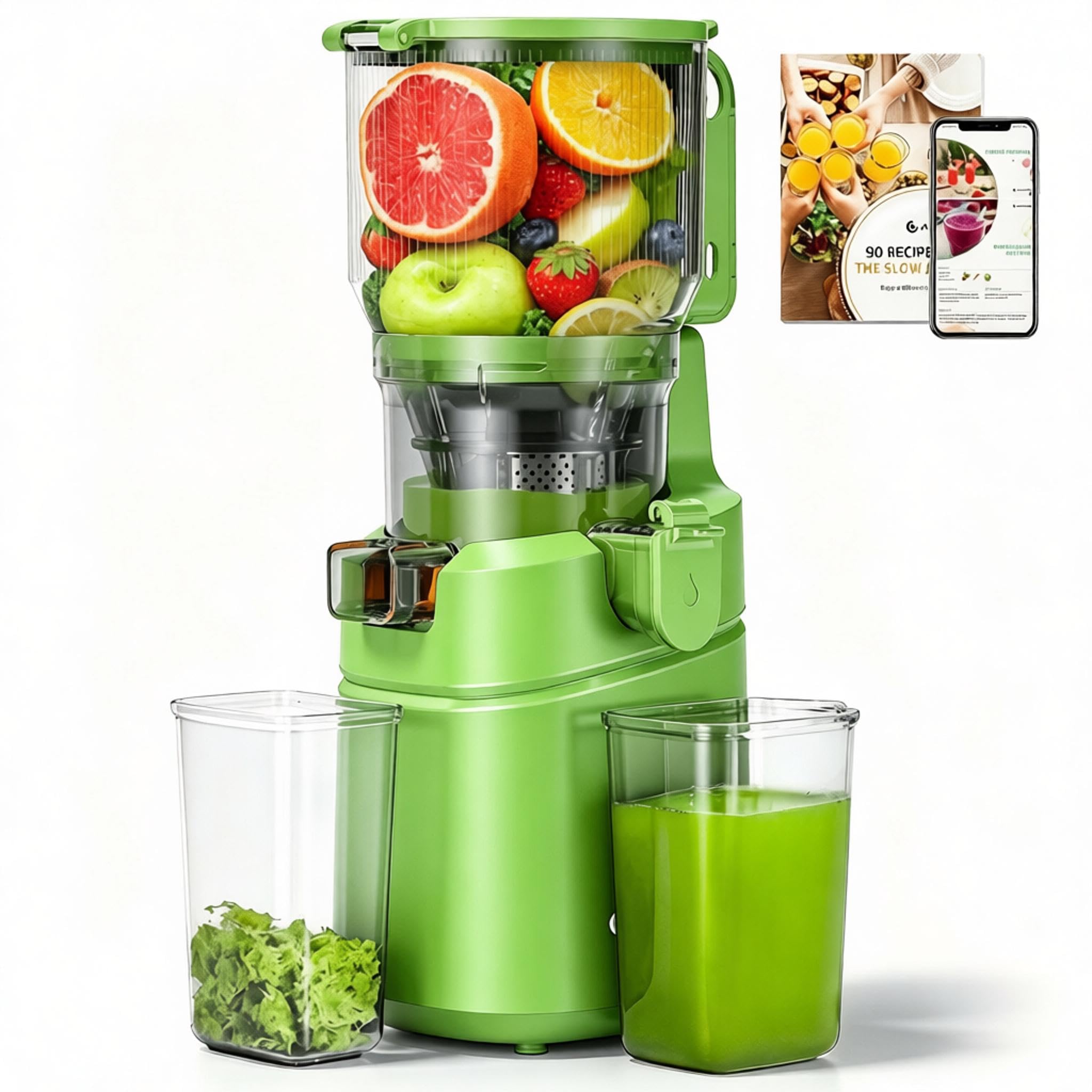 AMZCHEF Slow Juicer – Leiser Entsafter mit Umlauffunktion für Obst & Gemüse | Inkl. Auffangbecher & Reinigungsbürste (150 W, Grün)
