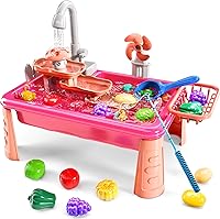 NIPLOOOW Kitchen Sink Toy with Electric Water Pump, Toddler Water Table Fishing Game, Pretend Play Sink for Kids 3-8 Boys Girls