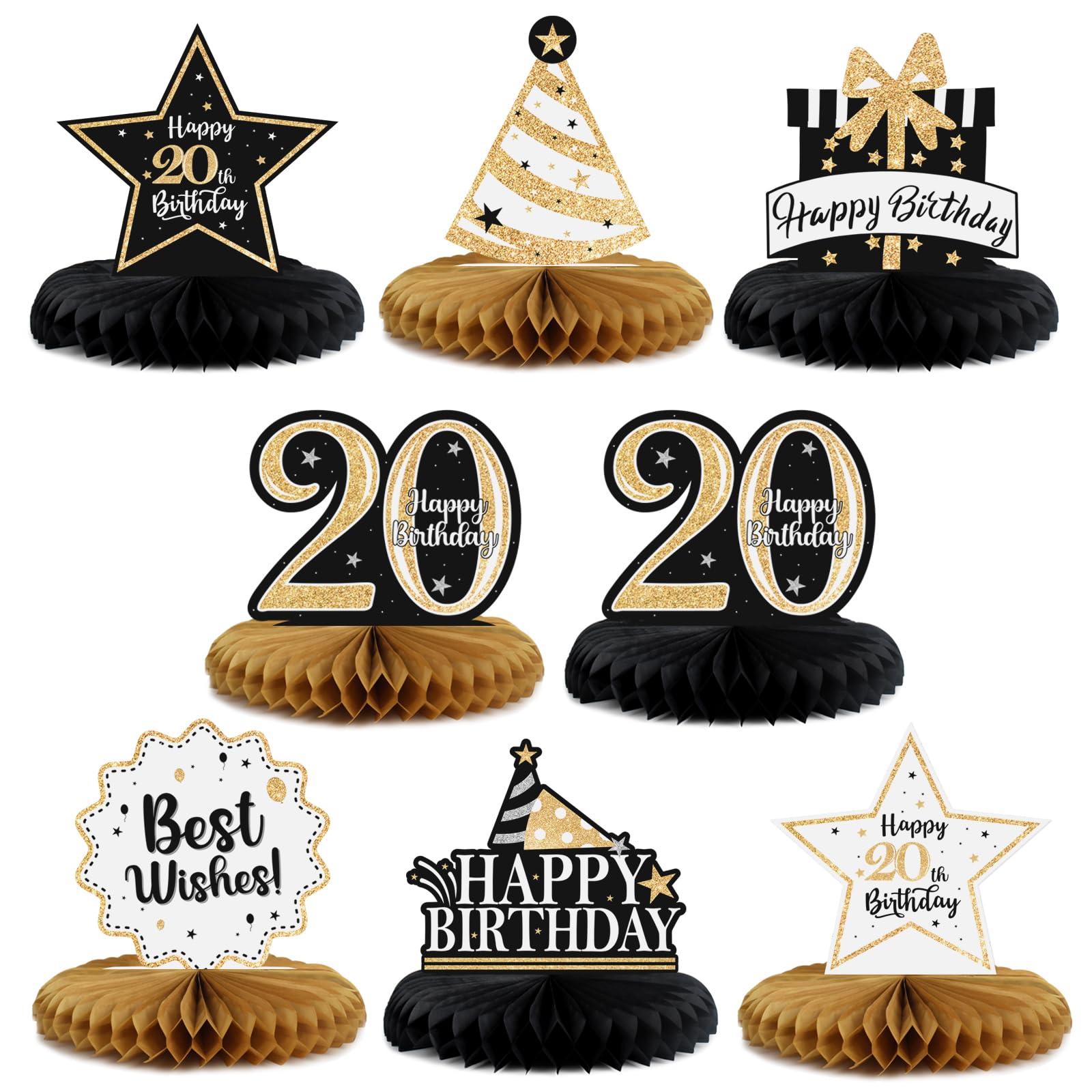 LASKYER Happy 20th Birthday Decorations,20th Birthday Gold Glitter Shiny Stand Honeycomb Table Centerpieces - Cheers to Twenty Years Old Birthday