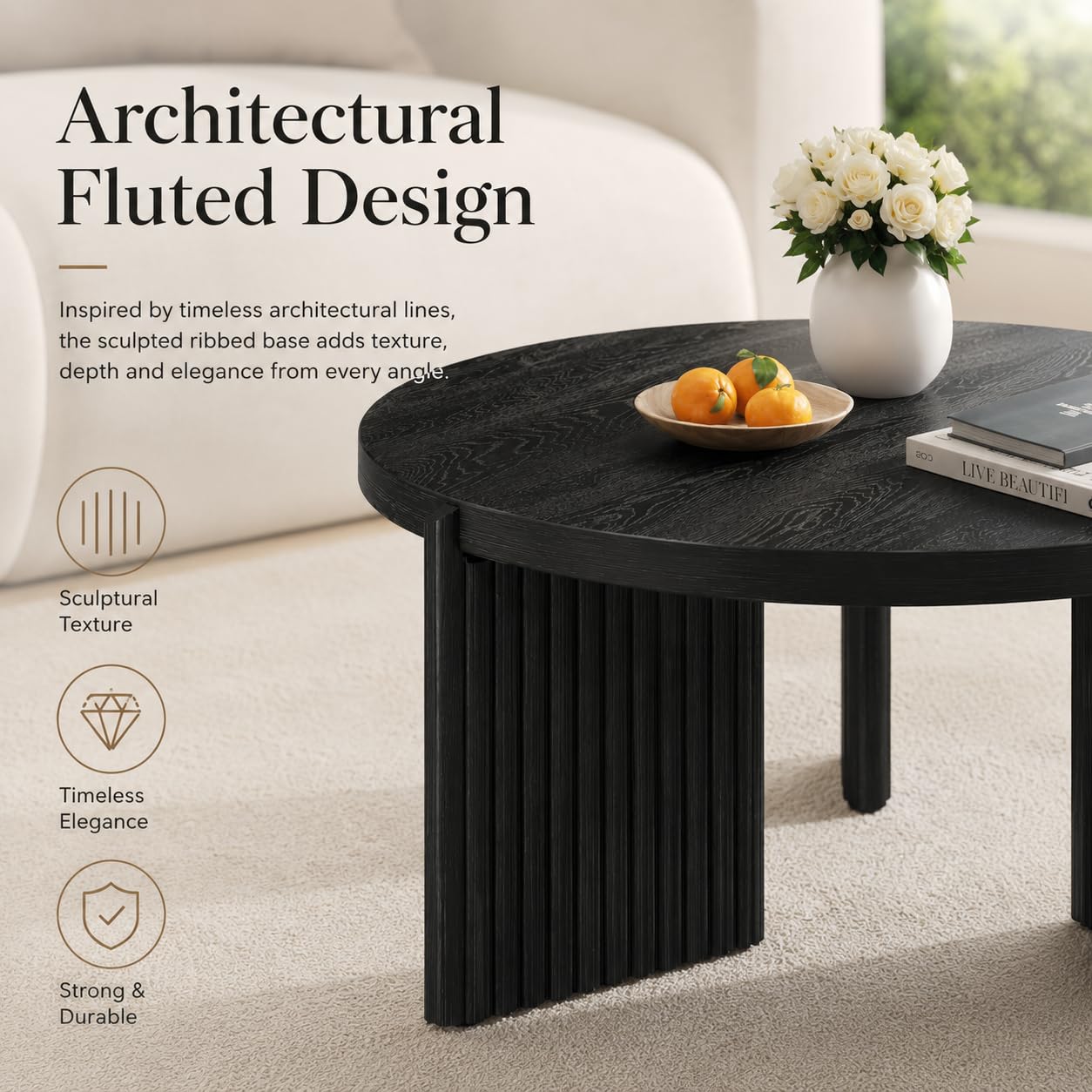 Luoxiao Round Coffee Table, 27.5" Fluted Coffee Tables for Living Room | Small Circle Accent Table for Apartment, Sturdy Ribbed Base, Rounded Edges, Thick Tabletop, Easy Assembly, Modern, Black