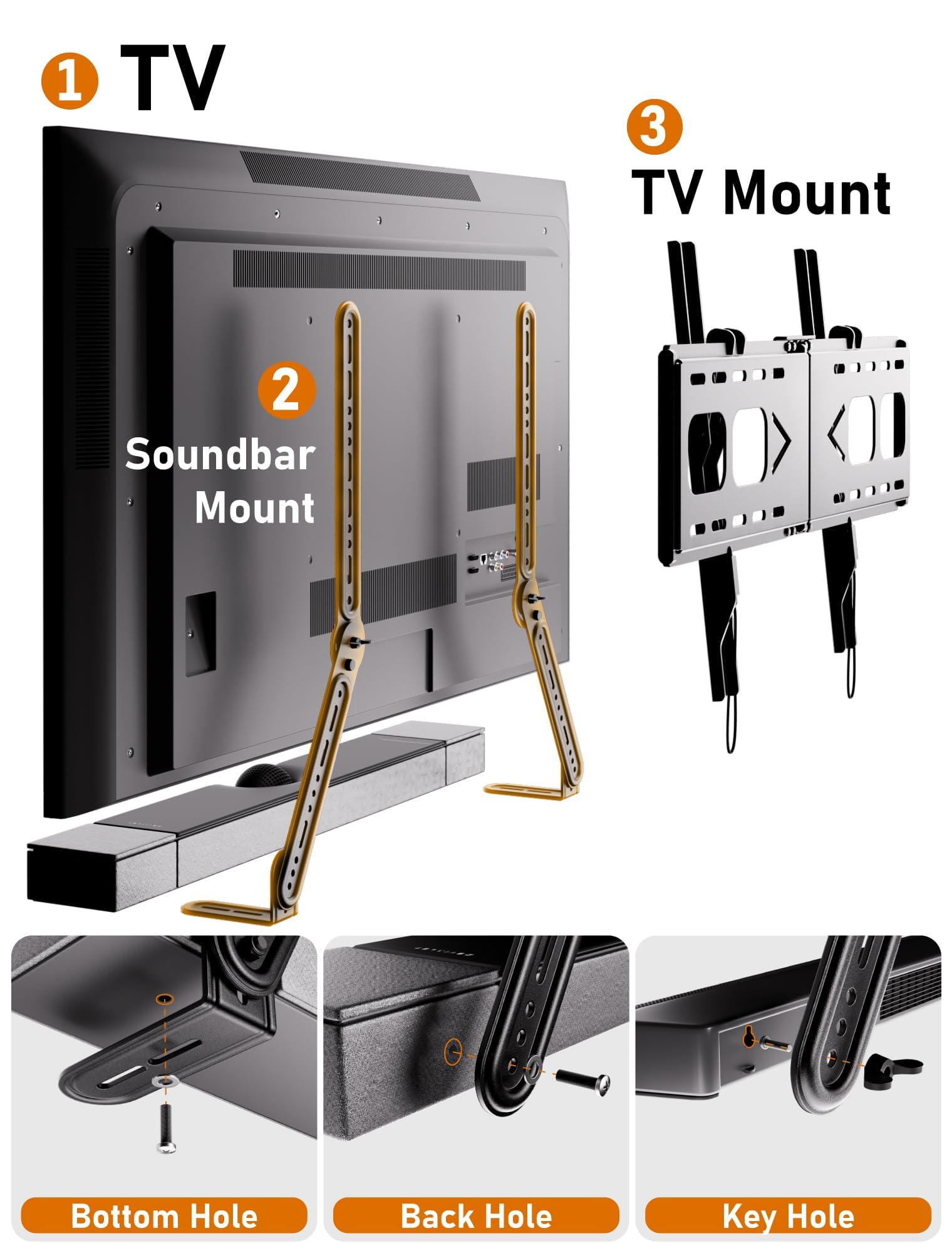 KAMIWI Soporte de barra de sonido para montaje por encima o debajo de televisores, soporte de barra de sonido para TV con brazos giratorios ajustables de 180 grados para una máxima compatibilidad, se