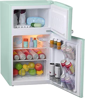 West Bend Mini Fridge with Freezer for Bedroom, Office, Bar or Dorm Room, Retro Compact Refrigerator features Glass Shelves, Manual Defrost and Adjustable Temperature Control, 3.1-Cu.Ft., Green