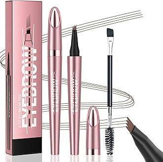 Eyebrow Pencil, 3D Microblading Eyebrow Pen, Magic Eye Brow Pencils with 4 Micro-Fork Tips & Spoolie Brush, Long-lasting Waterproof Smudgeproof Brow Pen Creates Natural Hair-Like Brows (Dark Brown)