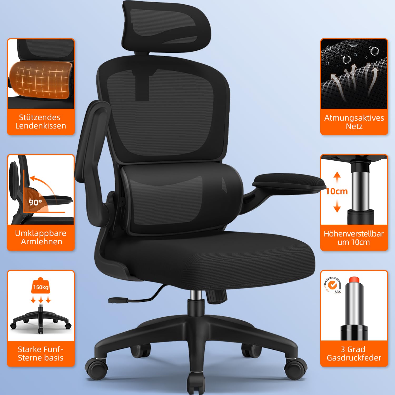 Bürostuhl, Bürostuhl Ergonomisch, Schreibtischstuhl mit Segmentierter Rückenlehne, Adaptiver Lendenstütze und 90°klappbaren Armlehnen, Schreibtischsessel Neigbar bis 135°, Office Chair