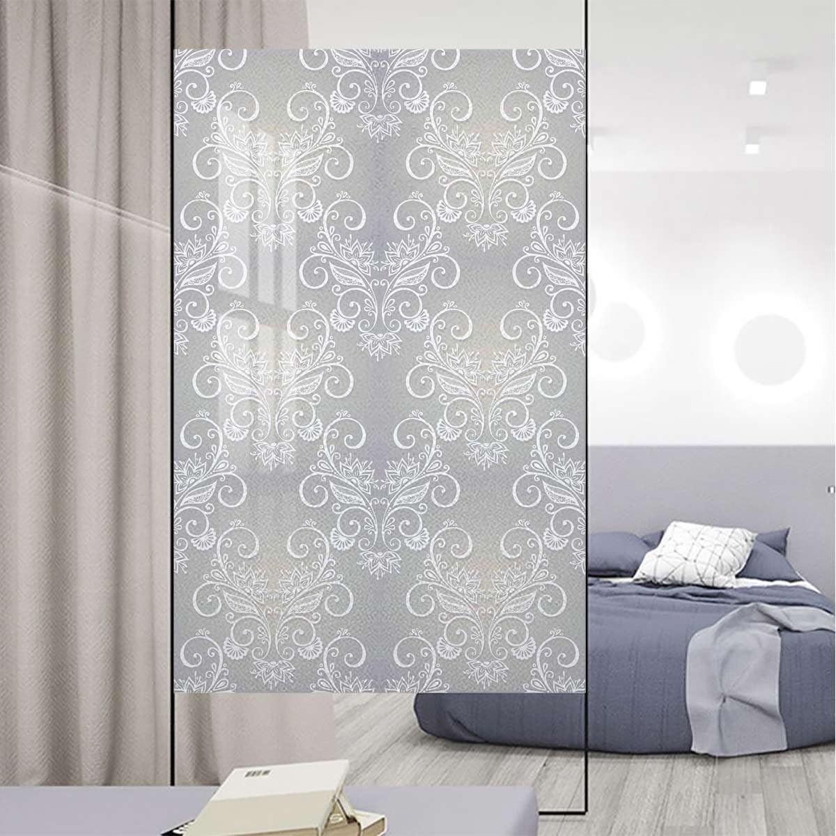 Grey White Window Film No Glue Privacy Glass Film Swirled Branches Curved Flower Leaves Window Privacy Film Frosted Removable Glass Covering Floral 31.5Wx62.9L-inch