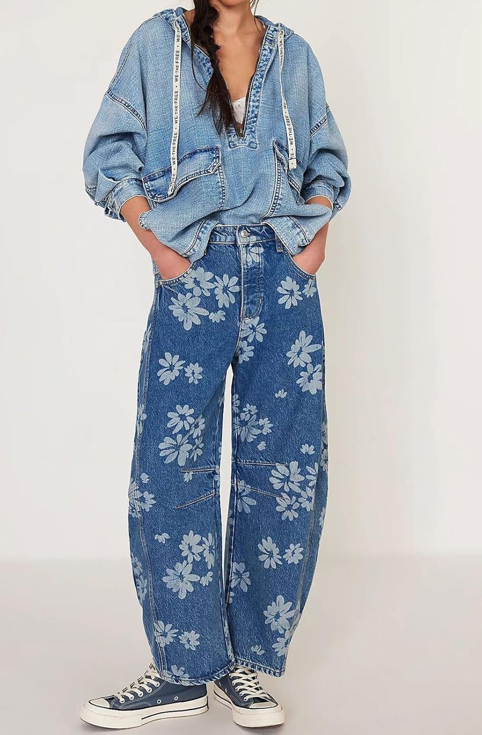 loveimgs Women Y2k Distressed Barrel Jeans Baggy Wide Leg Jeans Floral Printed Boyfriend Patchwork Denim Pants - Image 4