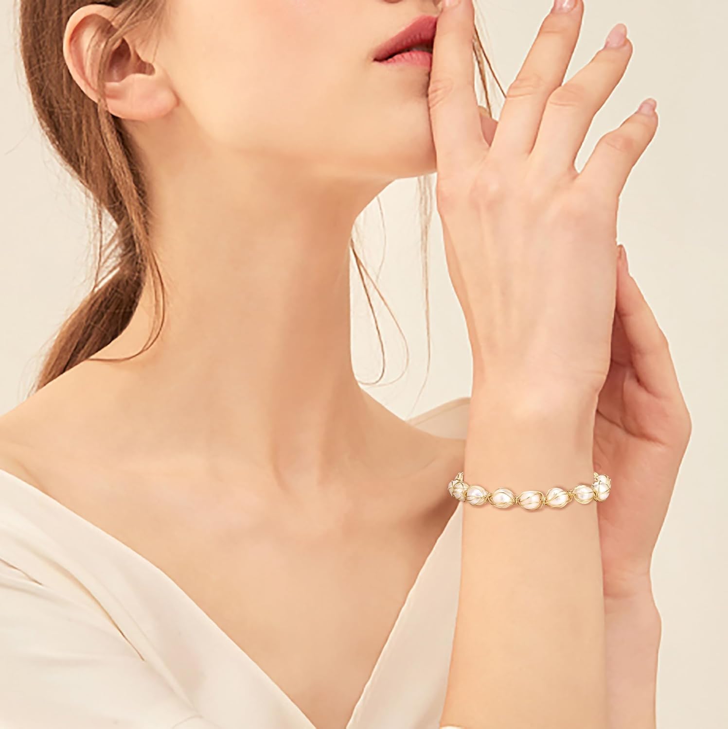 EVER FAITH Elegant Pearl Bracelet 18K Gold Vintage Freshwater Pearls Wrapped Silk Handmade Adjustable Charm Bracelets Dainty Wedding Bridal Jewelry for Women - Image 5