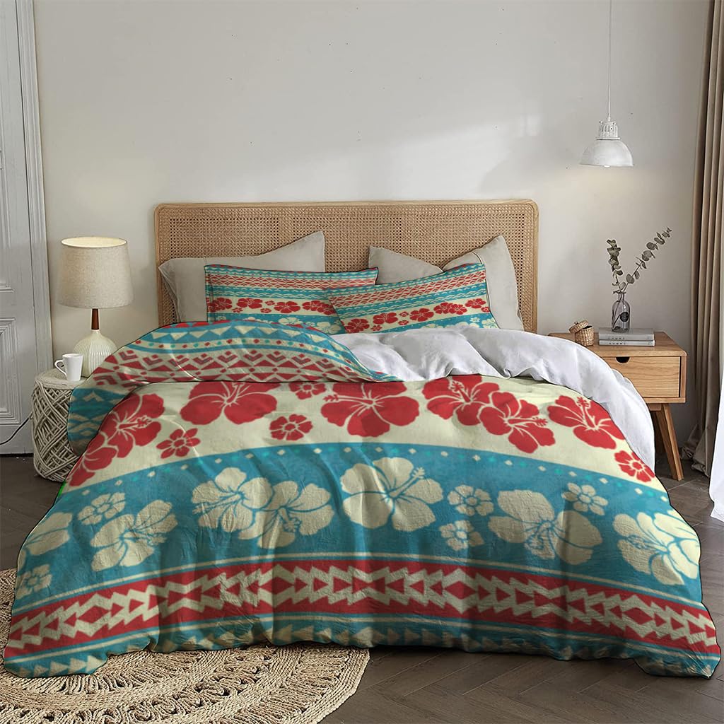 NIBAINLO 布団カバーハワイアン ハイビスカス フローラル ブルー レッド 抽象模様 肌に優しい ピーチスキン加工 掛け布団カバー 和式 洋式 あったか 布団カバーセット リバーシブル ホームステイ ホテル 家庭兼用