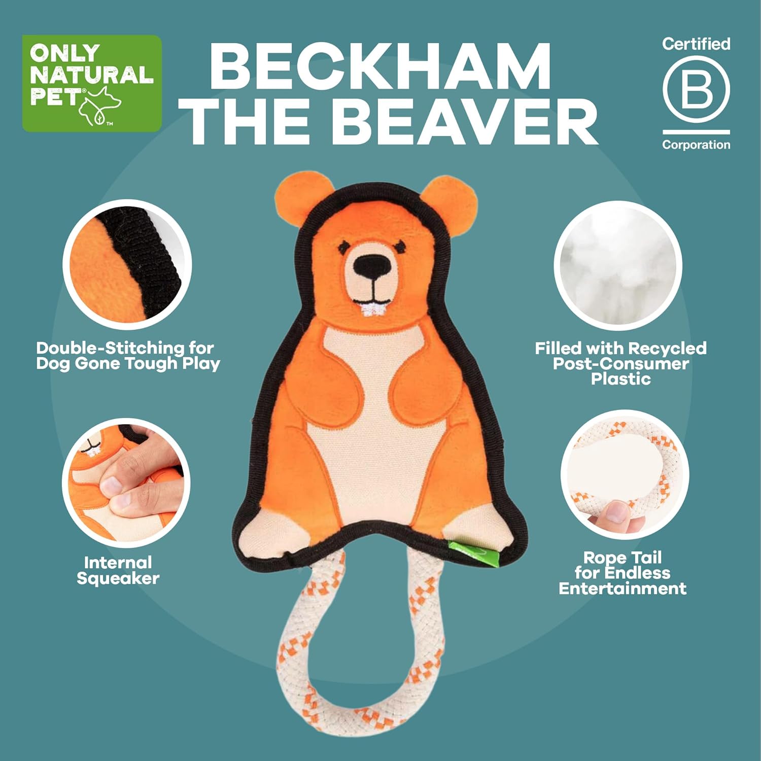 Only Natural Pet Mountain Friends Recycled Plush Dog Toys - Durable Double-Stitched Design with Internal Squeaker & Rope Tug Tail - Stuffed Toy for Dogs, Pet Toy | Beckham The Beaver, 5.5" x 11"