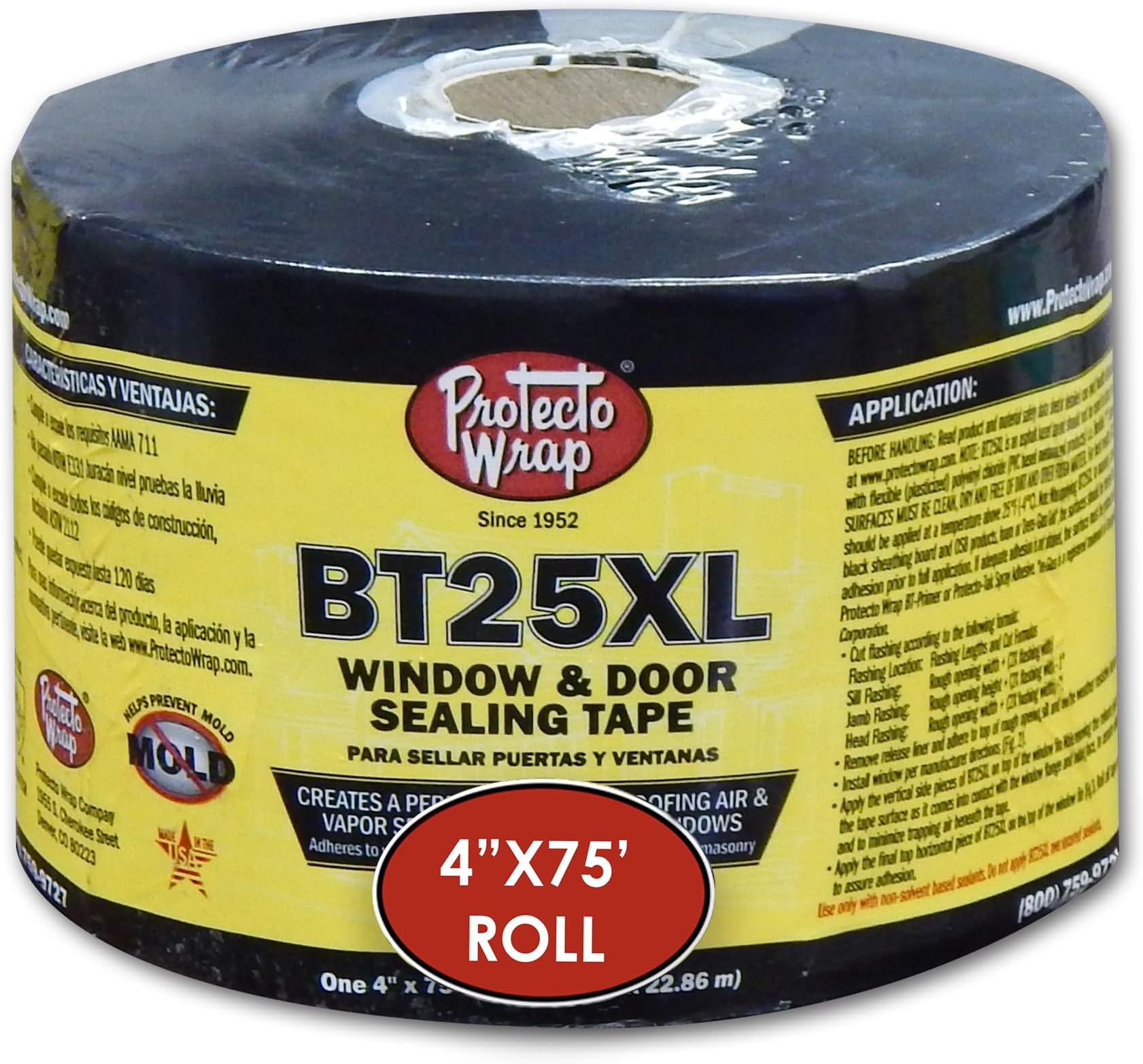 BT25XL Flashing Tape – Durable & Flexible Waterproof Window and Door Flashing Tape for House Wrap, Insulation, Construction Weatherproofing, Repair Applications – 4" x 75' Roll