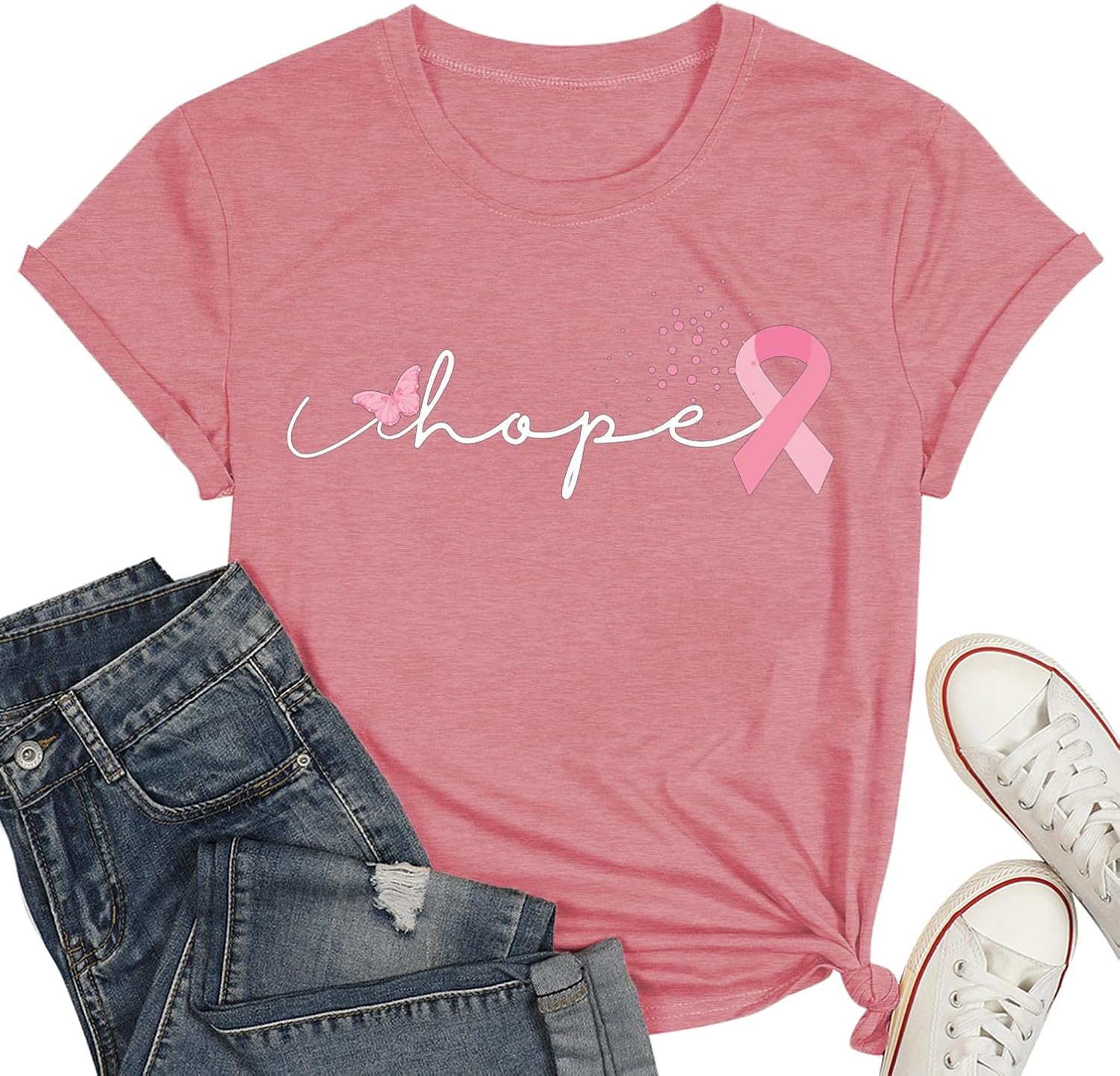Breast Cancer Shirt Women Pink Ribbon Shirts Breast Cancer Awareness T-Shirts Spread The Hope Tee Top