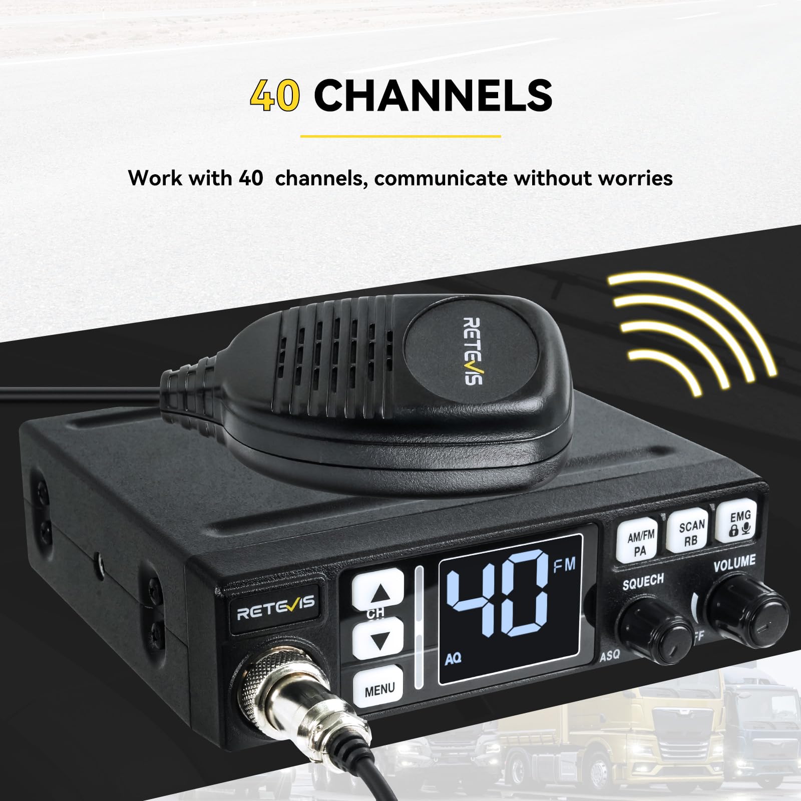 Retevis MB63 CB Radio, CB Radio Kompletny z Anteną, Wyświetlacz LCD, AM/FM, VOX, SQ/ASQ, EMG CH9/19, CB Radio Ręczne do Samochodu (1 Sztuk, Czarny)