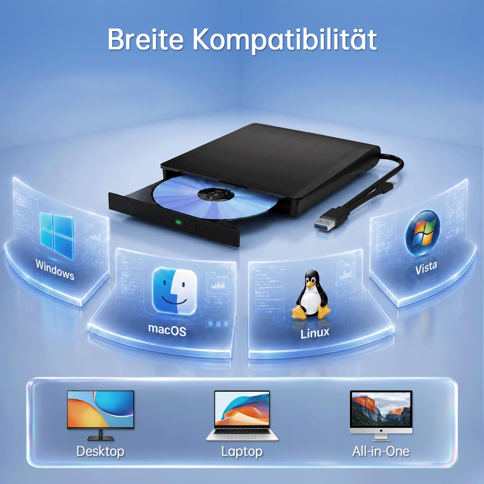 Yaeonku Externes Blu-ray Laufwerk Blu-ray Laufwerk DVD/BD Player Blu-ray Laufwerk USB 3.0 und Typ-C DVD Recorder für Windows XP/7/8/10/11 MacOS für PC,Laptop,Desktop,Mac